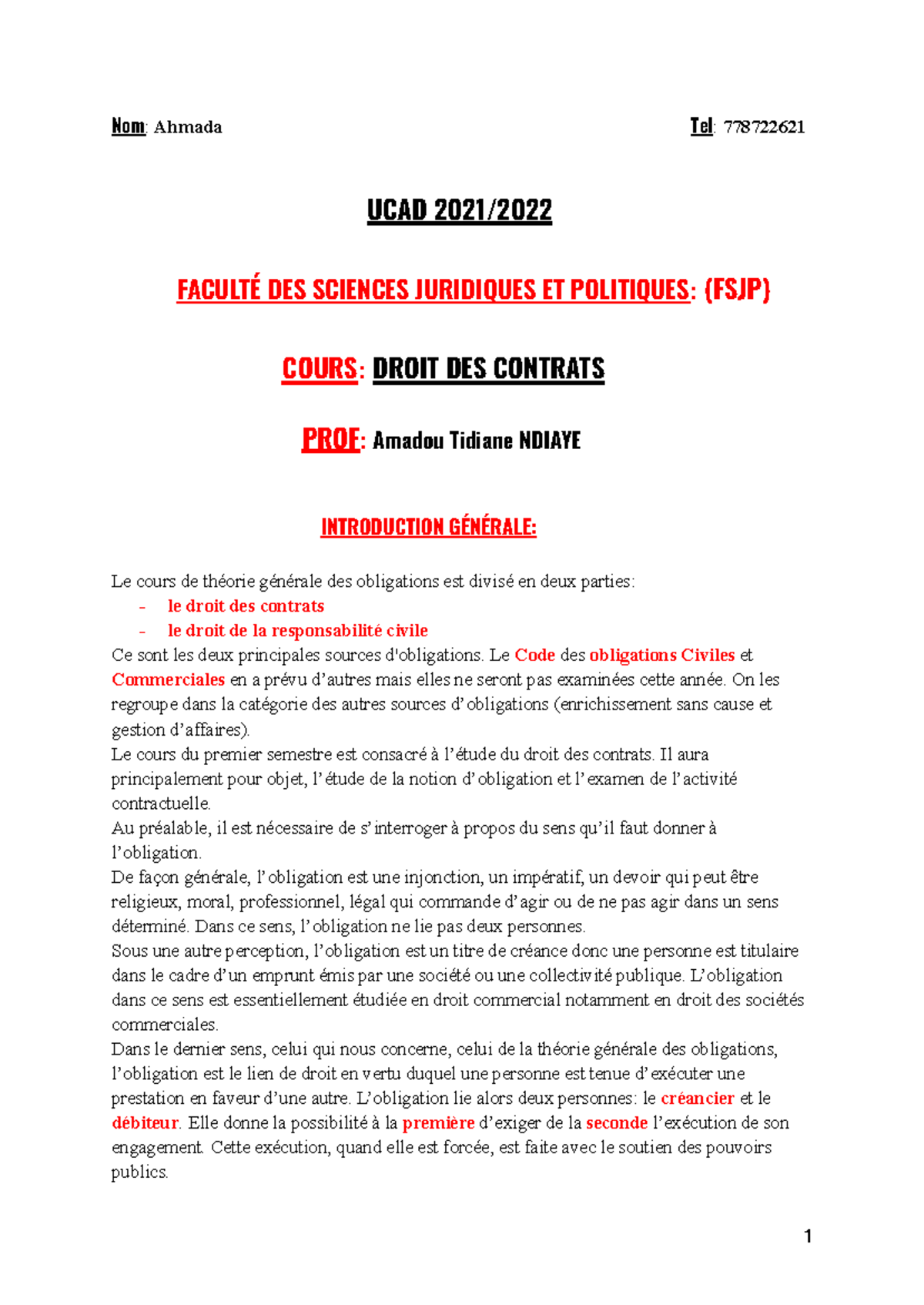 Droit des Contrats - Notes de Cours FSJP UCAD 2021 - Studocu