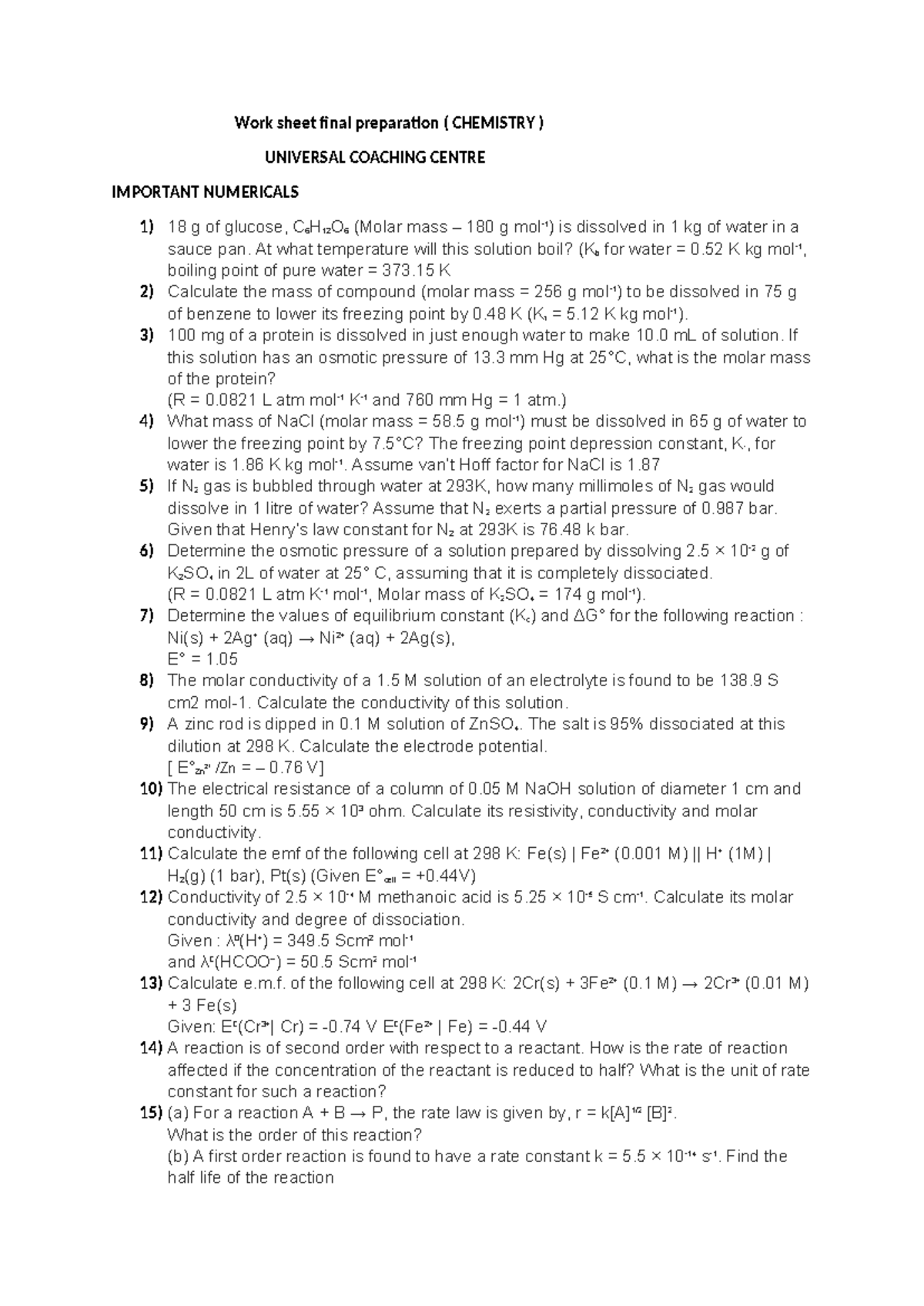 Worksheet for Final Exam Preparation (CHEM 2023) - Key Numerical ...
