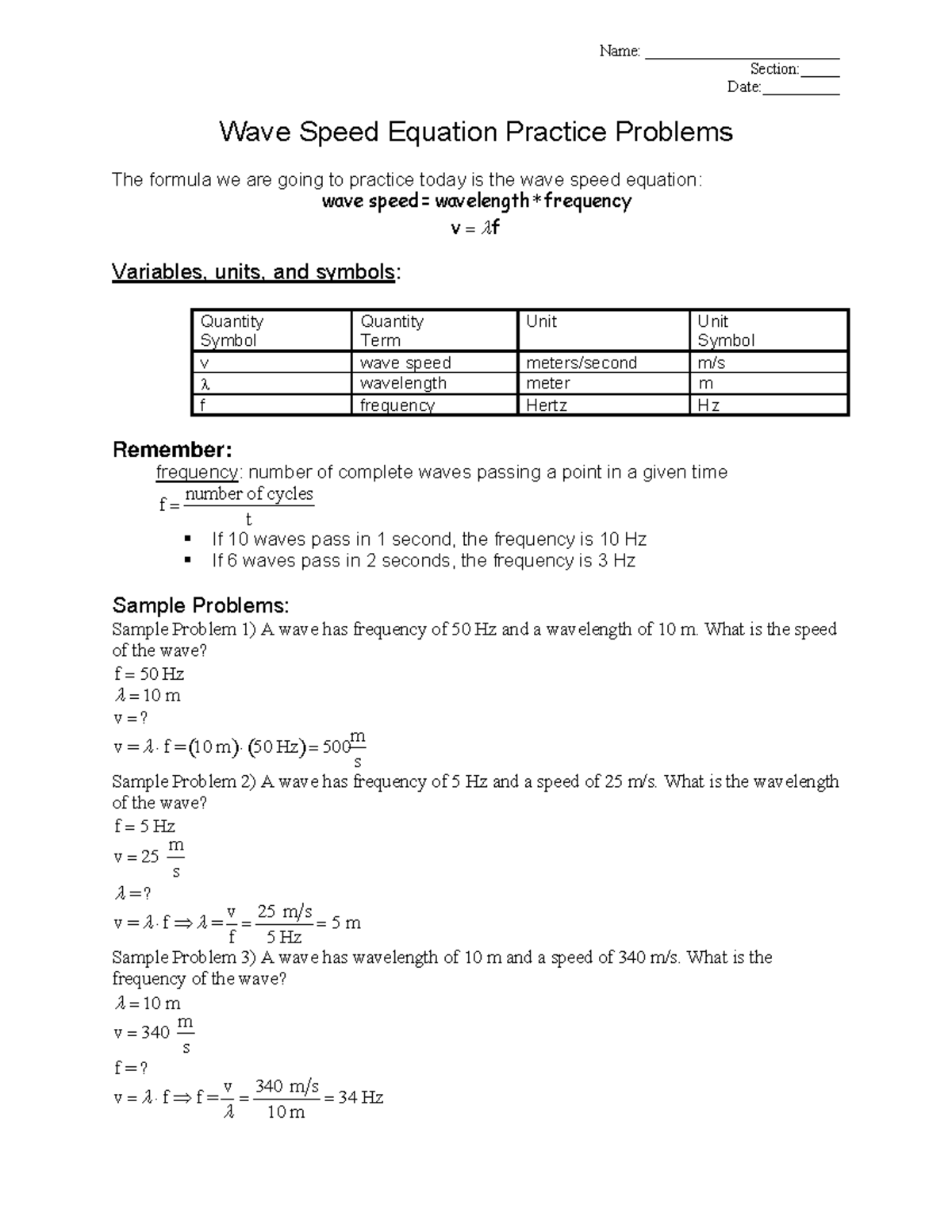 Wave-Speed-Worksheet - Name: _________________________ Section ...