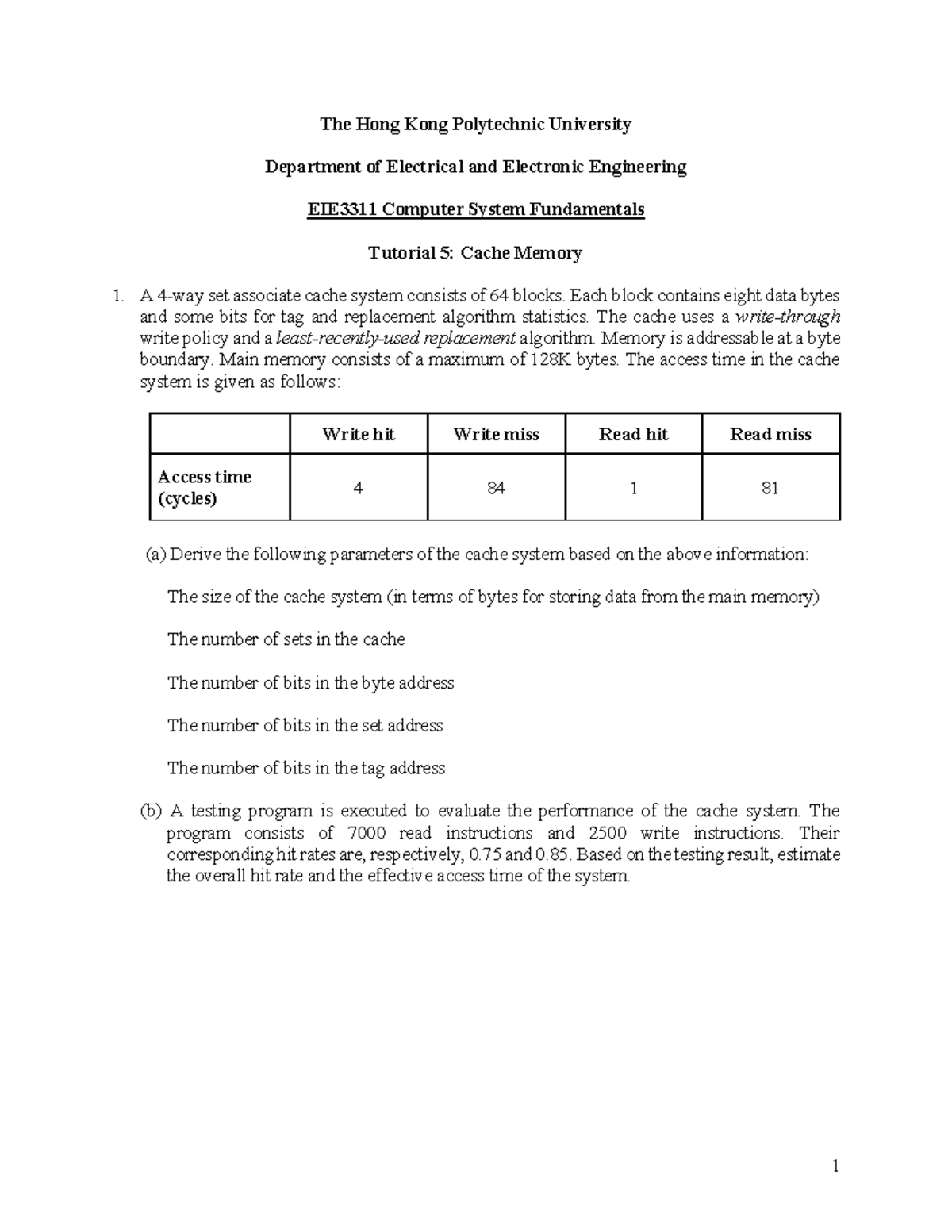 EIE3311 Tutorial 05: Analysis of Cache Memory Systems - Studocu