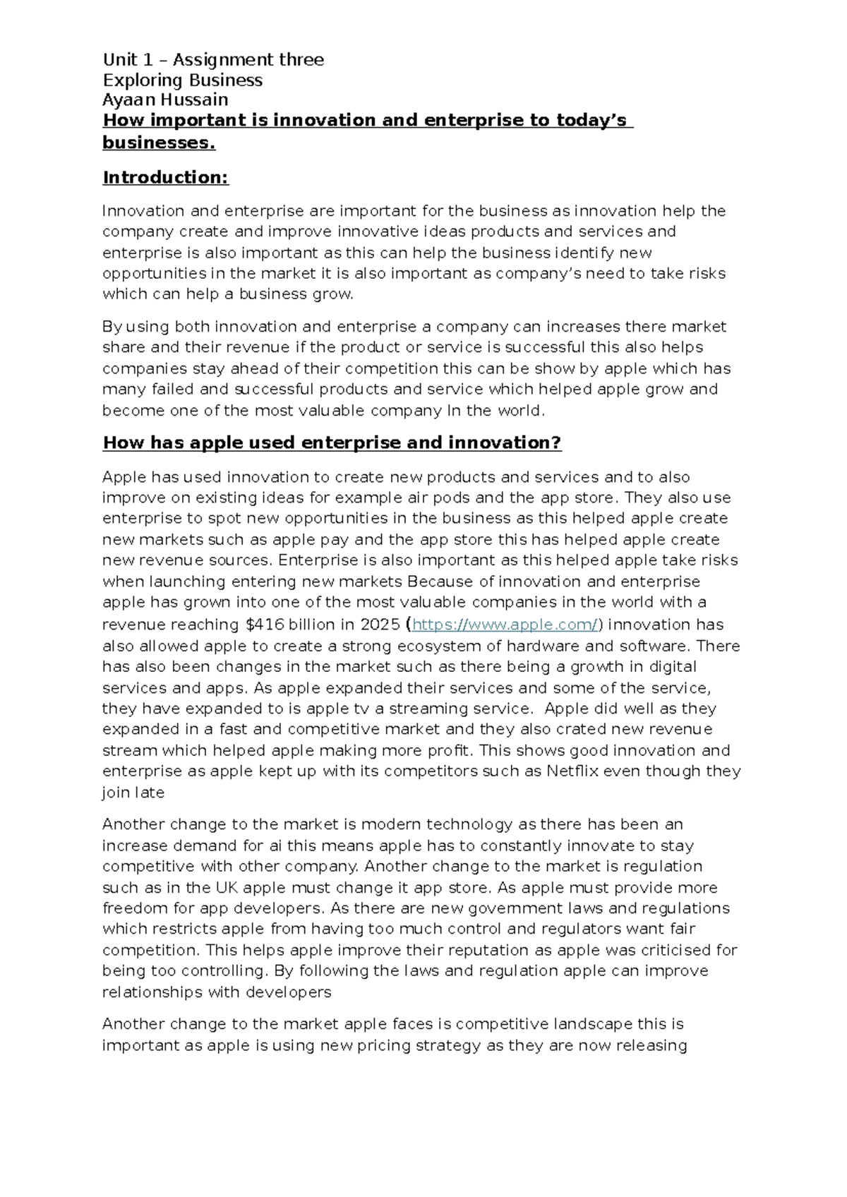 Unit 1 Assignment 3: The Role of Innovation & Enterprise in Business ...