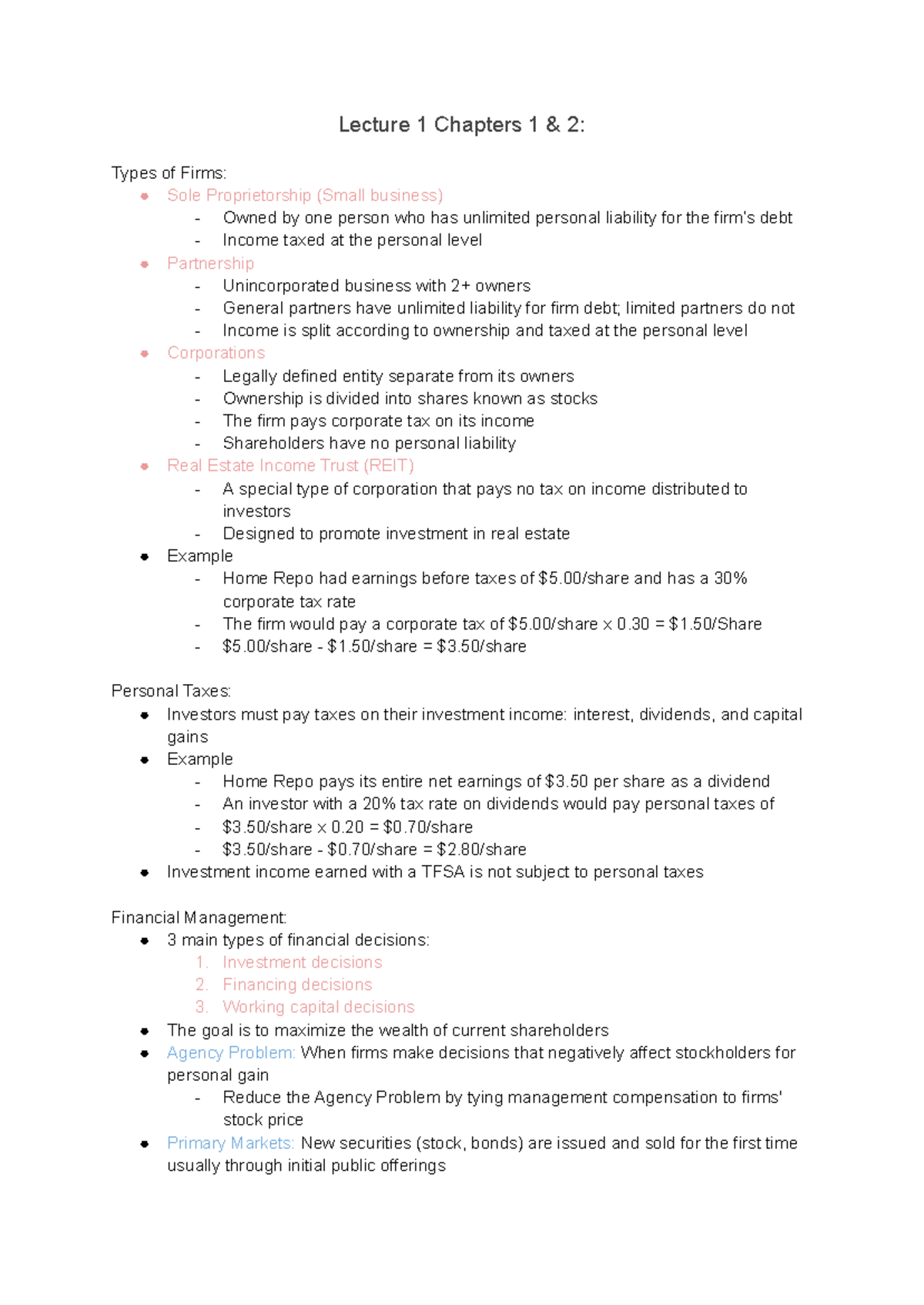 FIN 300 Lecture Notes: Chapters 1-5 Review on Firm Types & Financial ...