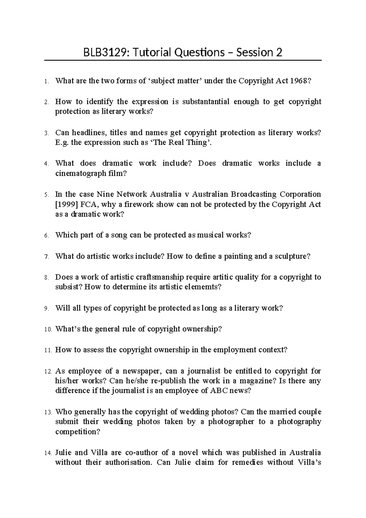 BLB3129: IP Tutorial 2 - Copyright Questions and Concepts - Studocu