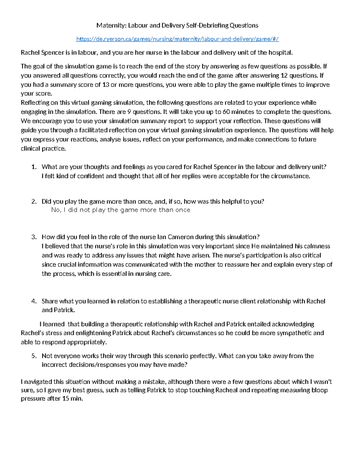 Maternity Nursing: Labour and Delivery Reflection Questions - Studocu