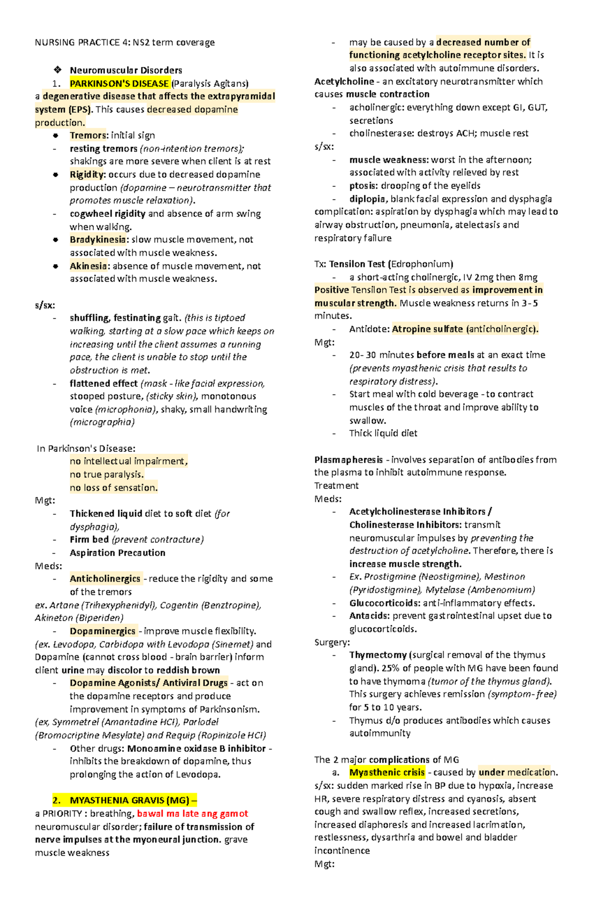 NURSING PRACTICE 4: NS2 Final Exam Notes on Neuromuscular Disorders ...