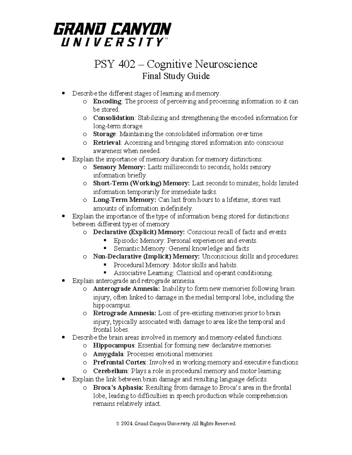 PSY 402 Cognitive Neuroscience Final Exam Study Guide - Studocu