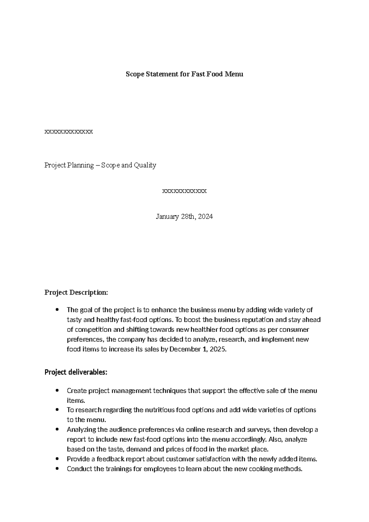 Scope Statement for Fast Food Menu Enhancement Project (2024) - Studocu