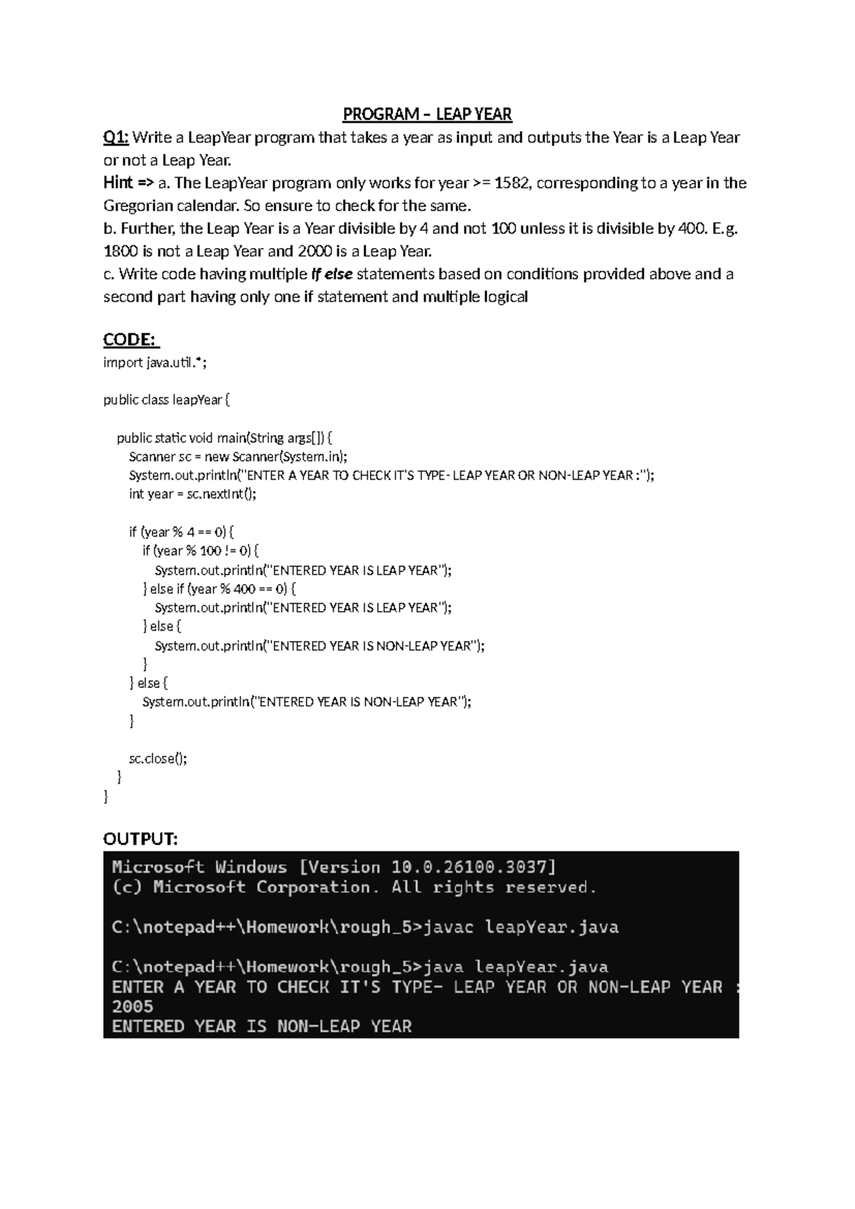 RA2411003011072 Java W2 L3 Submission - PROGRAM – LEAP YEAR Q1: Write a ...