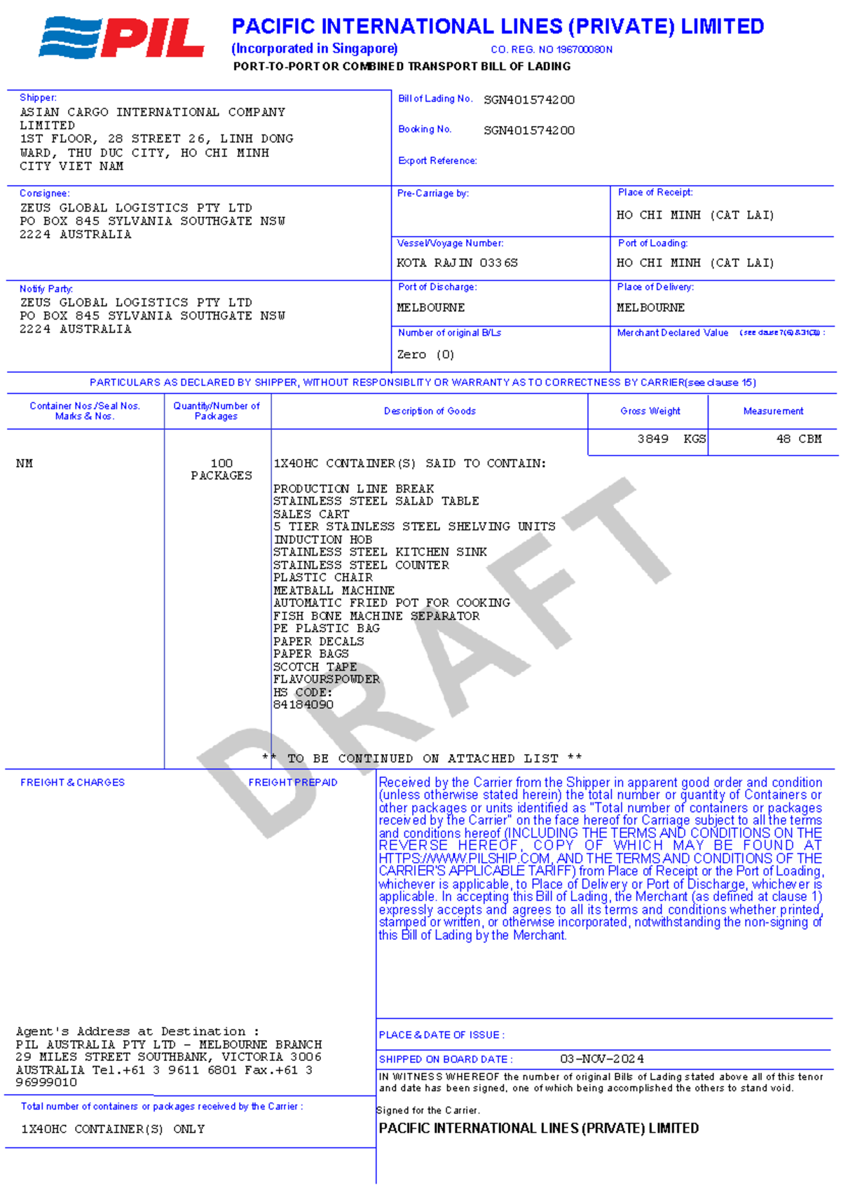 Bill-SGN401574200-MBL Draft - Shipper: Consignee: Place of Receipt ...