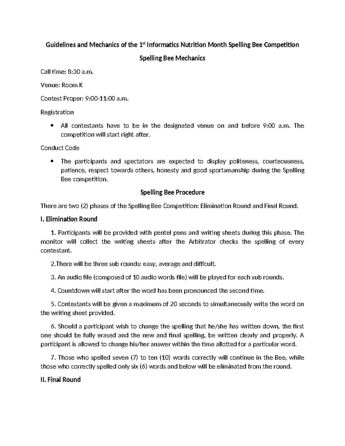 Guidelines for 421643424 Spelling Bee Competition Mechanics - Studocu