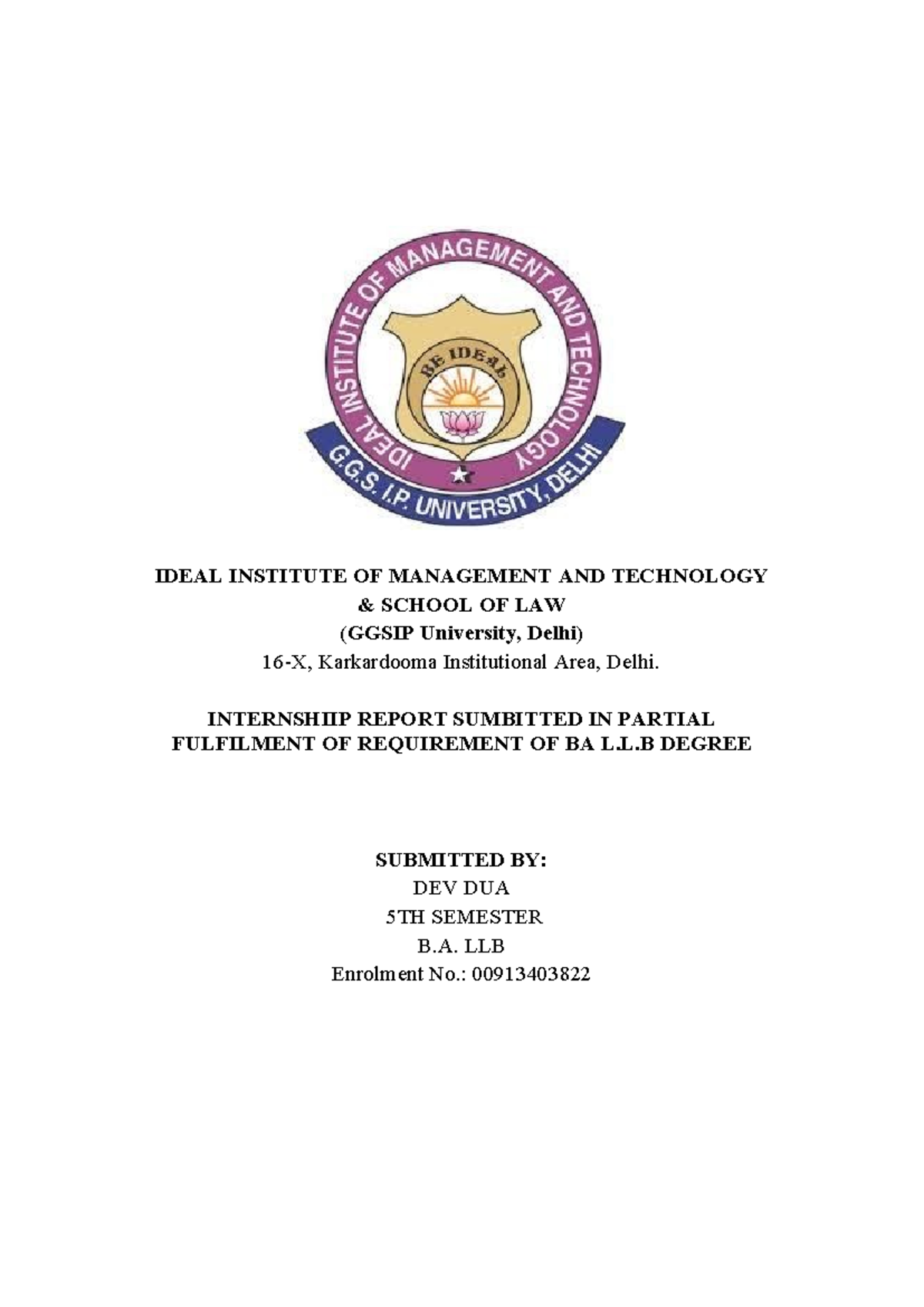 Internship Report for BA LLB - Dev Dua (5th Semester) - Studocu