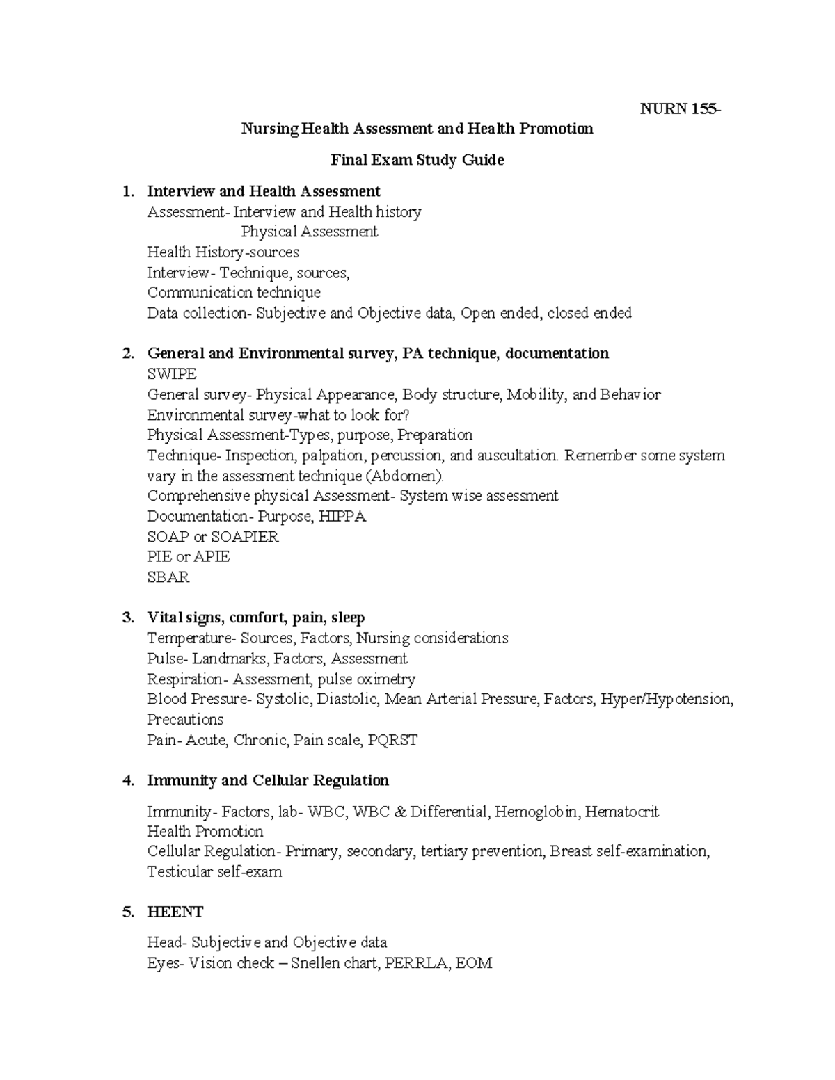 NURN 155 Final Exam Study Guide: Nursing Health Assessment Basics - Studocu
