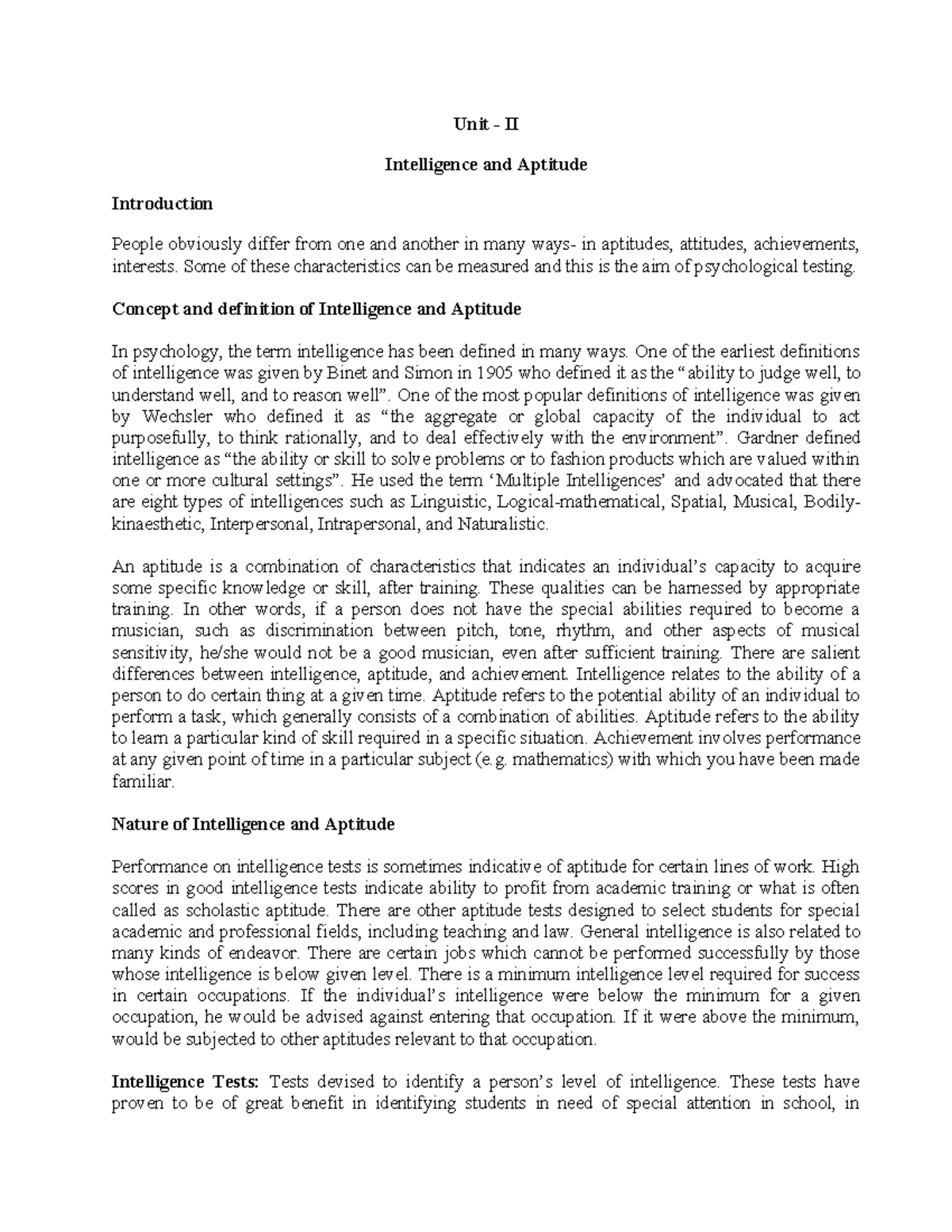 Unit 2: Understanding Intelligence and Aptitude - Key Concepts and ...
