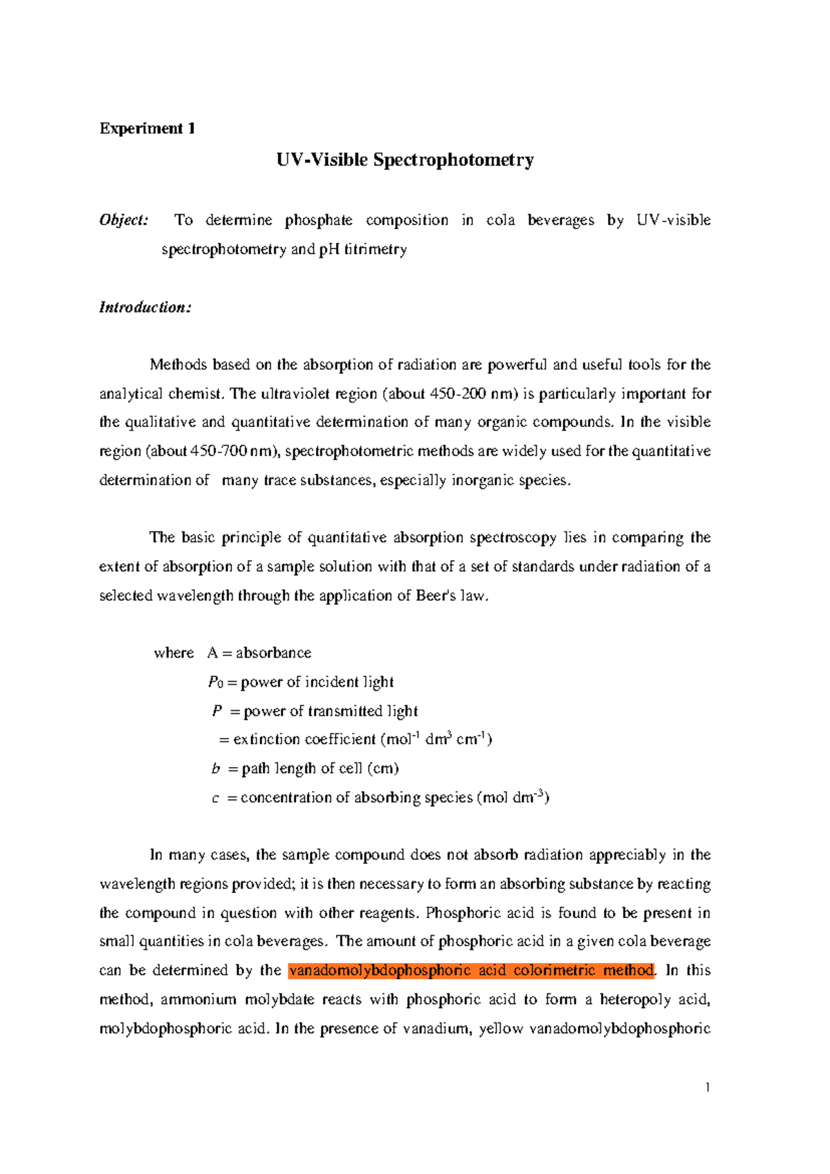 Experiment 1 - UV-Visible Spectrophotometry: Phosphate Analysis in Cola ...