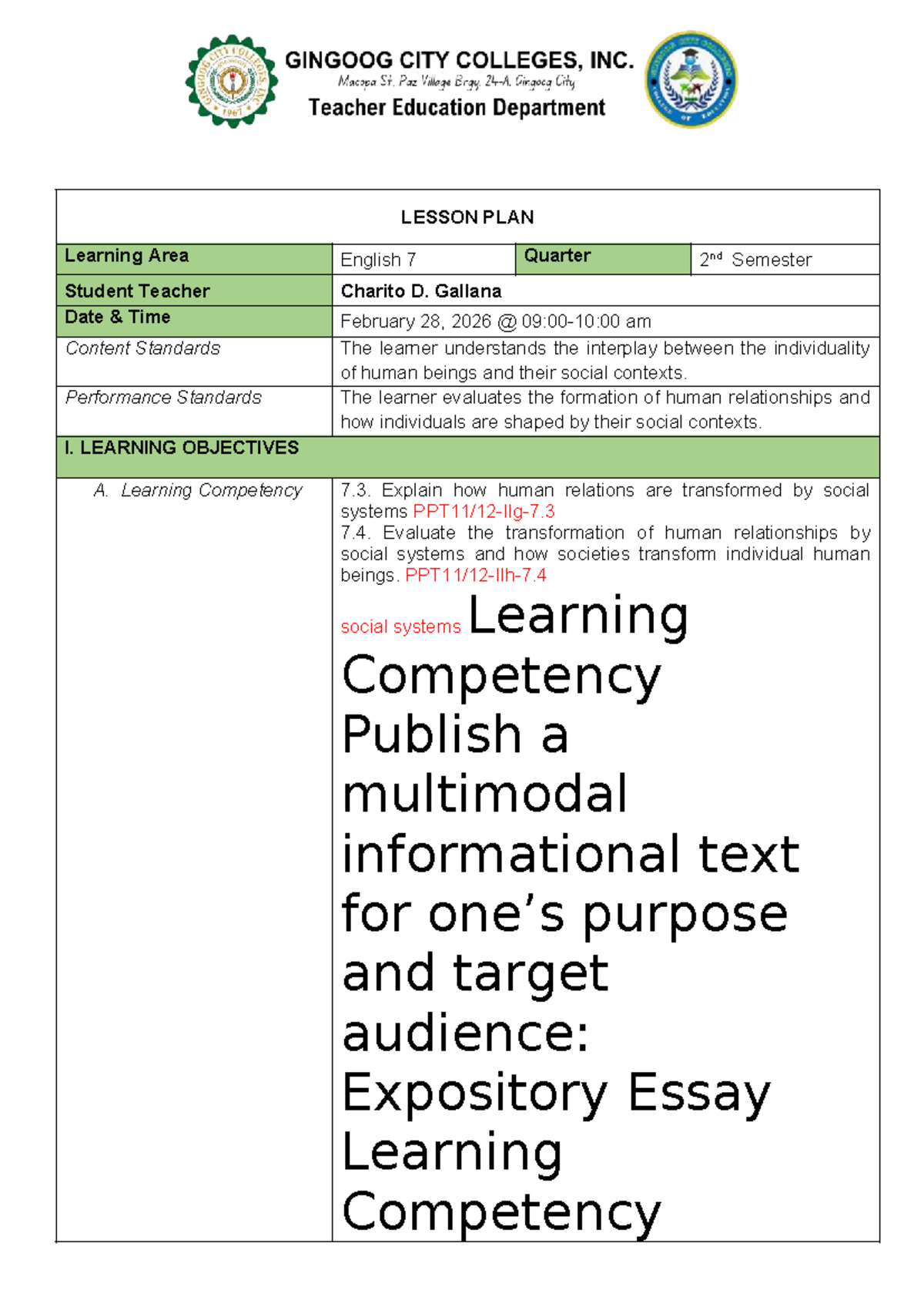 LESSON PLAN: Understanding Human Relationships in English 7 (GCC) - Studocu