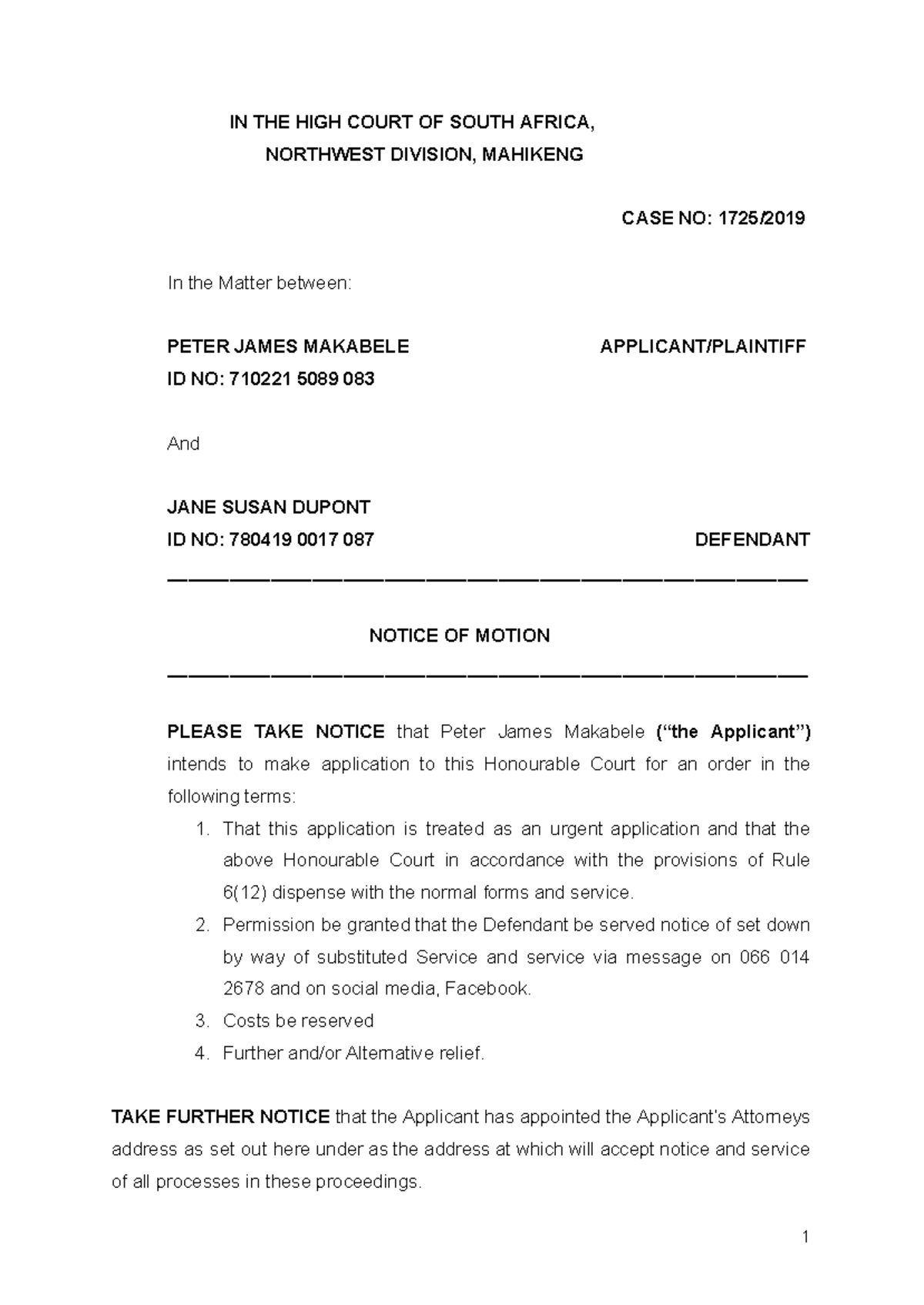High Court Notice of Motion - Case No: 1725/2024 - Studocu