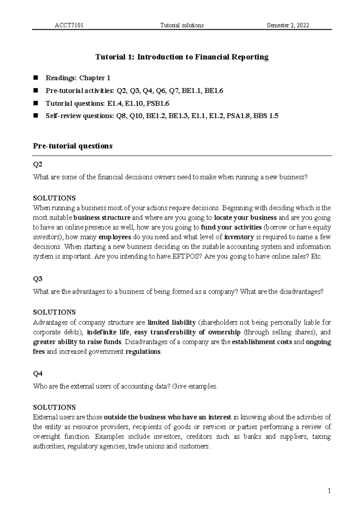 ACCT7101 - Tutorial 1 Solutions: Financial Reporting Insights - Studocu