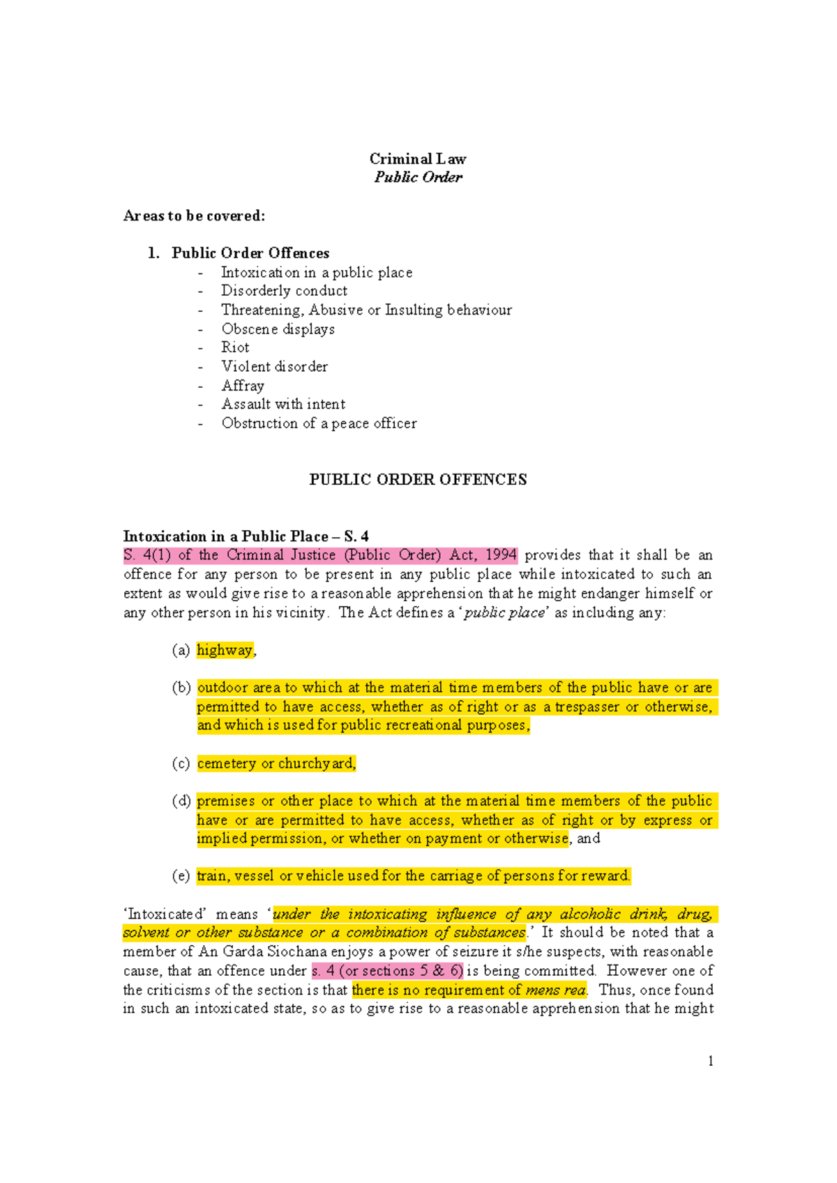 Criminal Law: Public Order Offences Notes (Course Code: CLPO) - Studocu