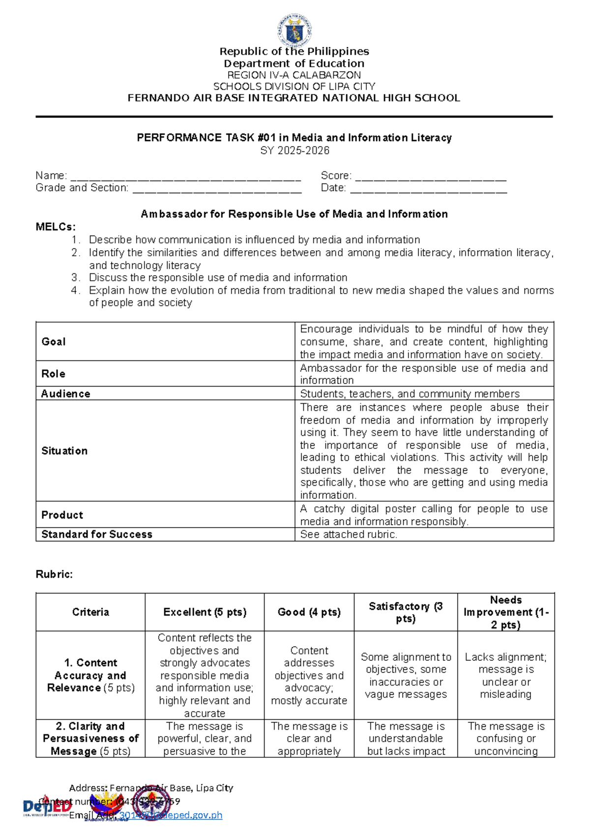 MIL Performance Task: Responsible Use of Media & Information - Studocu