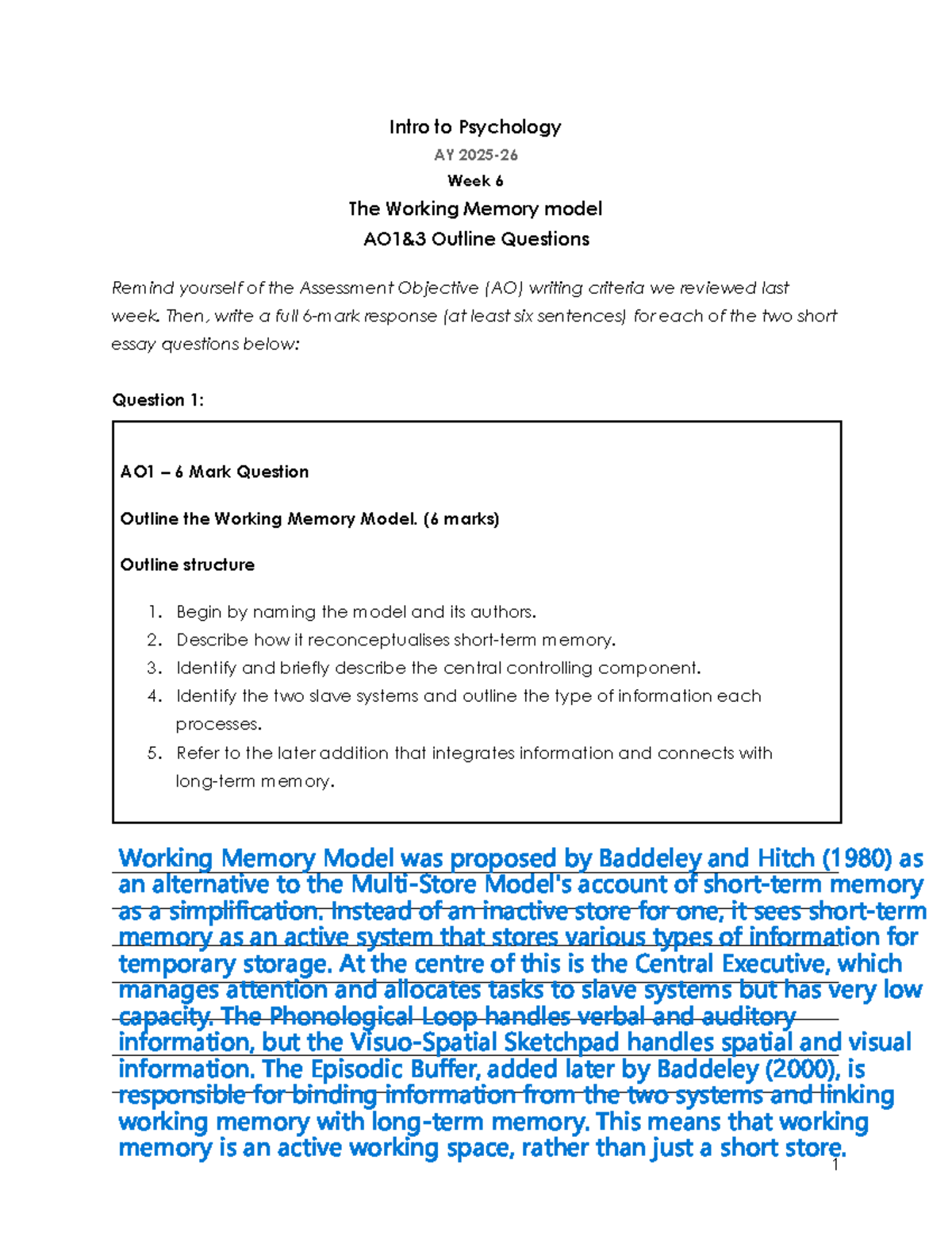 Intro to Psychology AY W6 Working Memory Model AO1 & AO3 - Studocu