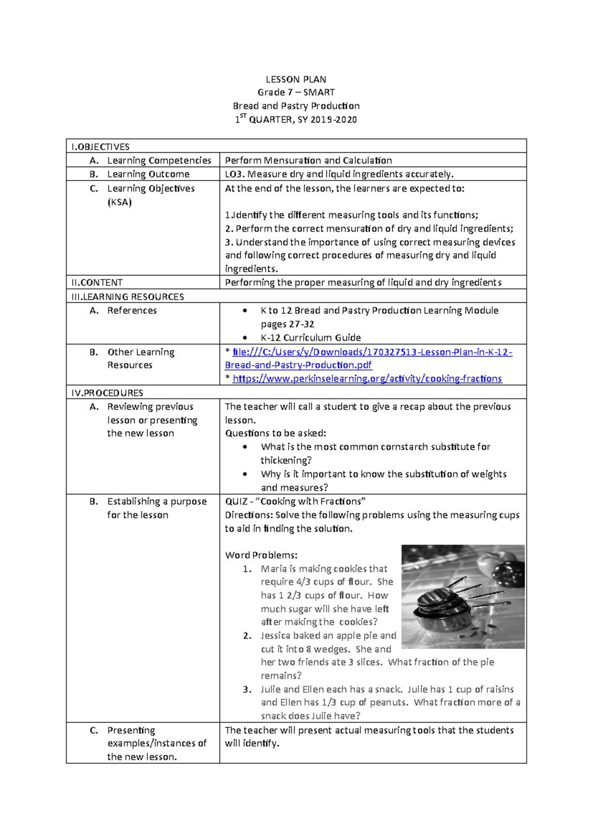 Cookery 7 DLL for COT: Daily Lesson Log on Measuring Ingredients - Studocu