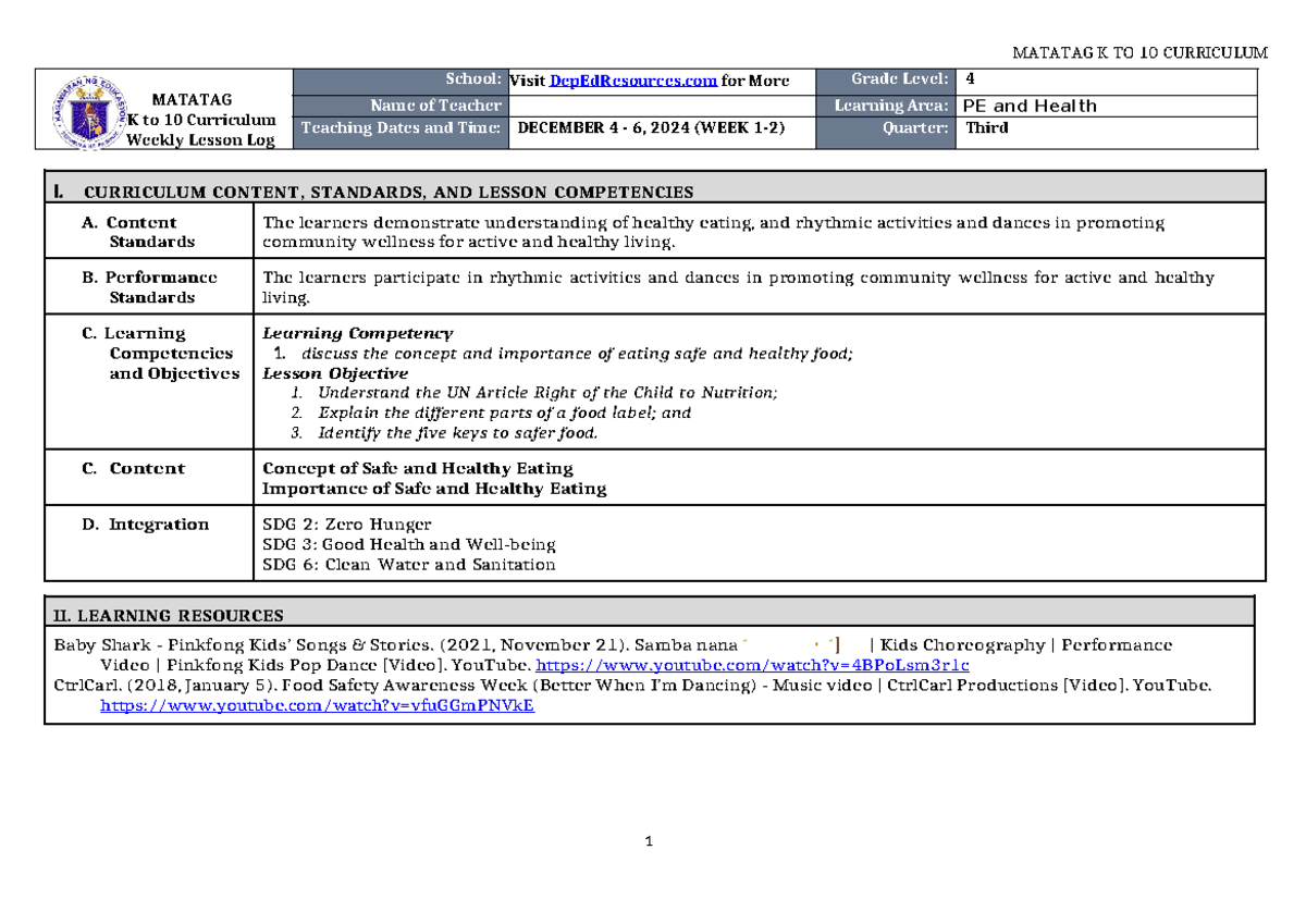 DLL Matatag PE & Health 4 Q3 Weekly Lesson Log (Weeks 1-2) - Studocu