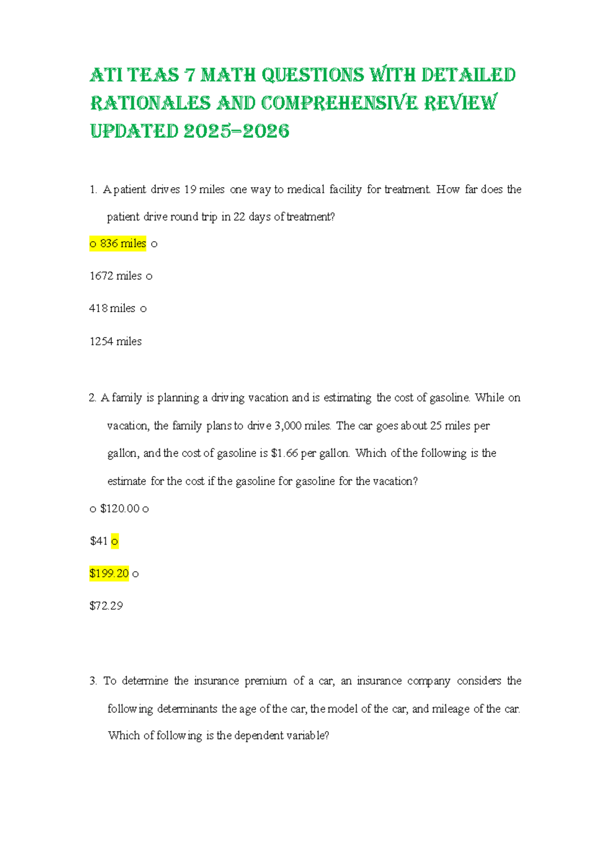 ATI TEAS 7 Math Questions with Detailed Rationales & Review 2025-2026 ...