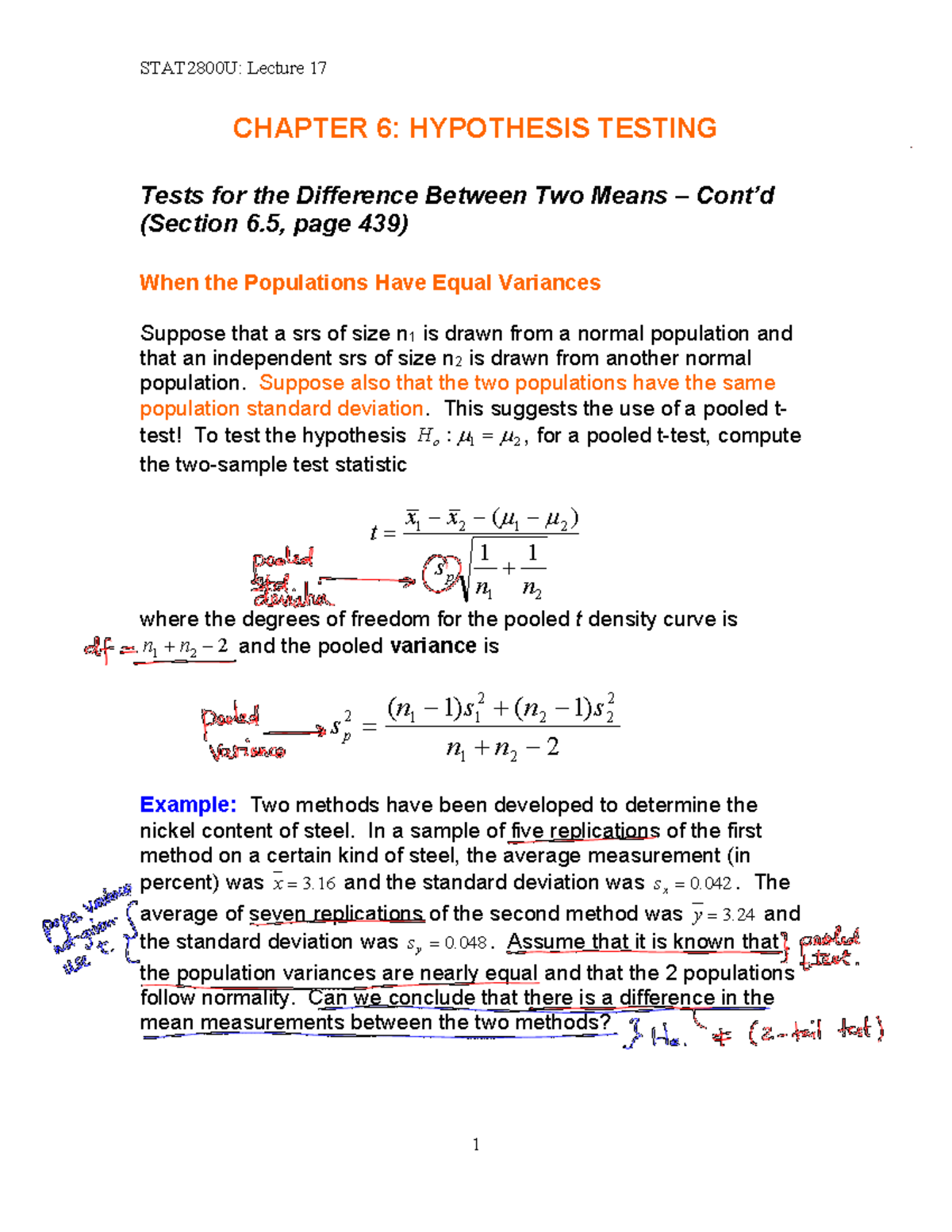 STAT2800U: Lecture 17 - Hypothesis Testing & Paired Data Analysis - Studocu