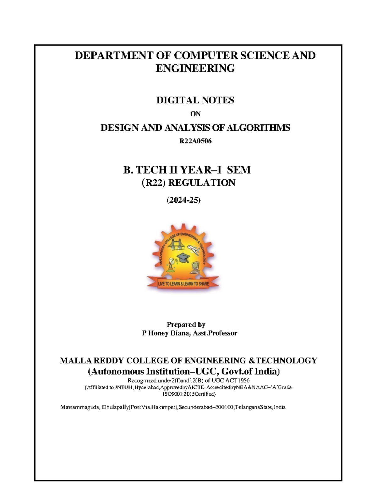Design & Analysis of Algorithms Notes (R22A0506) - B.Tech II Year - Studocu