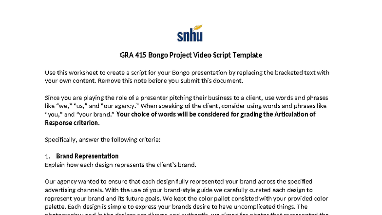GRA 415 Bongo Project Video Script Template Guidelines for Presenters ...