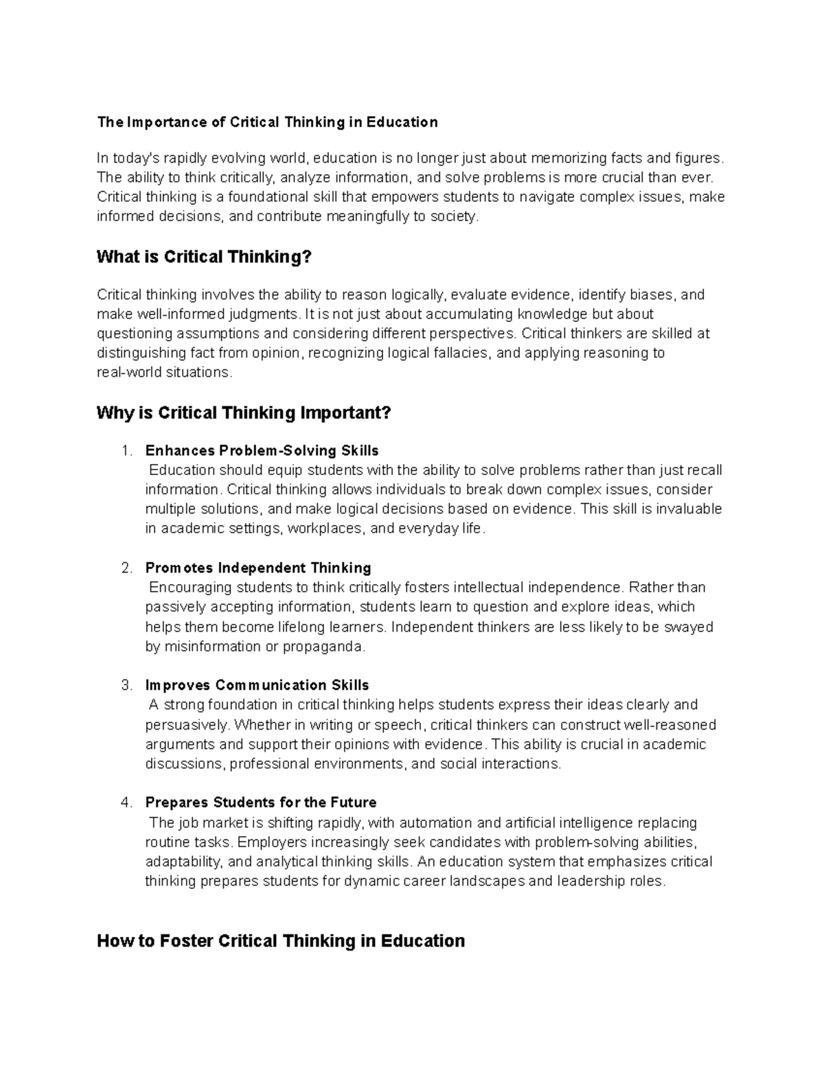 Thinking - The ability to think critically, analyze information, and ...