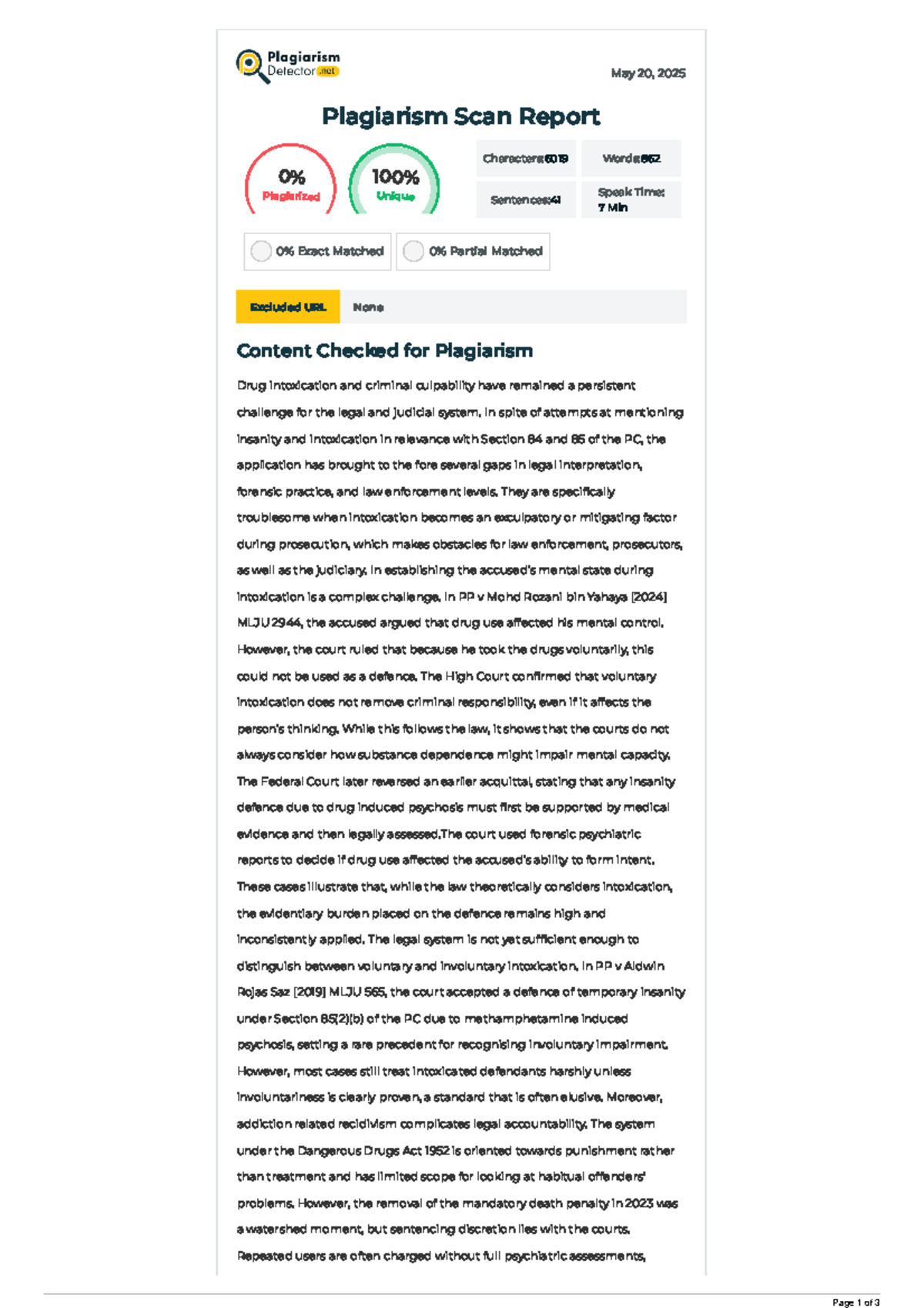 Plagiarism Scan Report: Drug Intoxication & Criminal Culpability ...