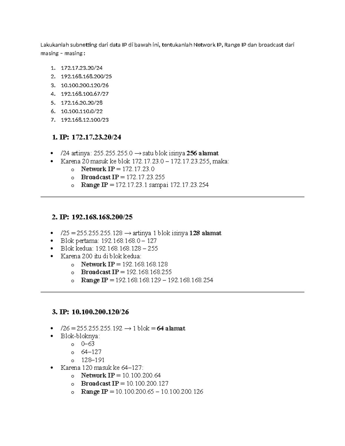 Tugas Subnetting IP: Network, Range, dan Broadcast IP - Studocu