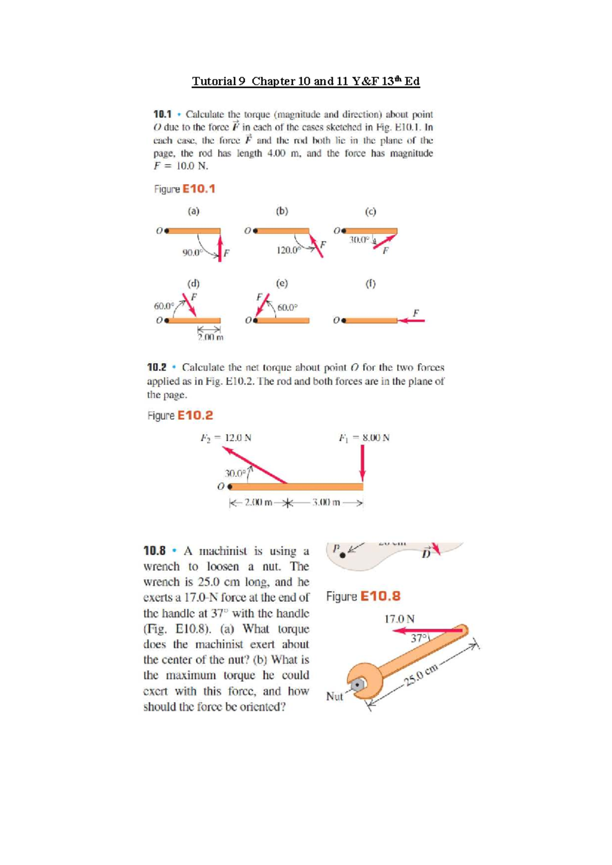Tutorial 9: Torque Calculations for Forces in Chapters 10 & 11 - Studocu
