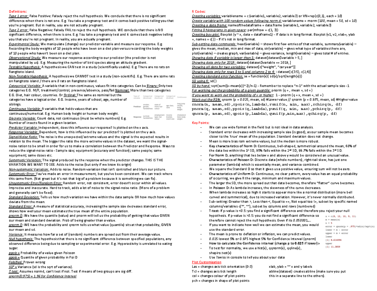 Cheat Sheet for Mid-Semester Exam: Statistics Concepts and R Codes ...