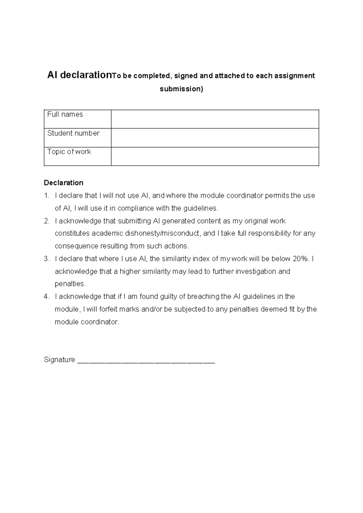 AI Declaration for Assignment Submission Compliance - Studocu