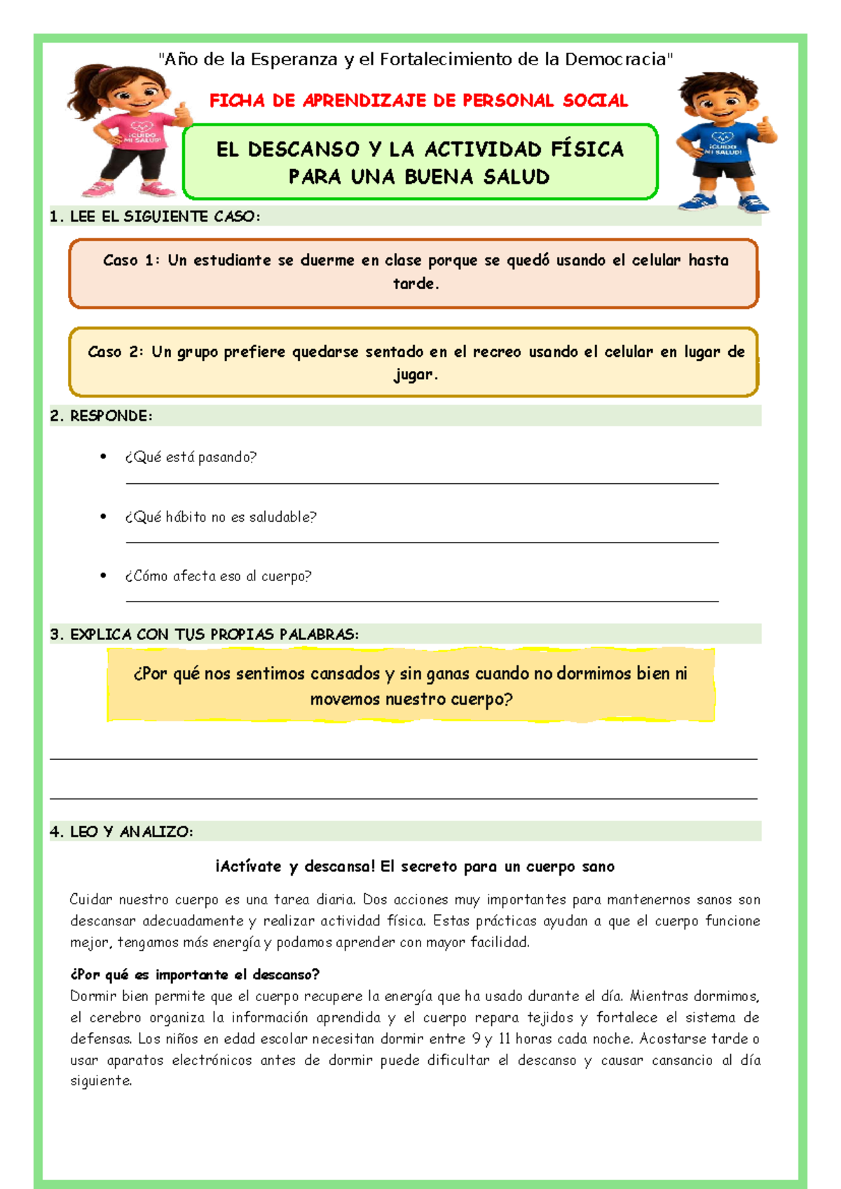 Ficha de Aprendizaje: Descanso y Actividad Física para una Buena Salud - JUEV-PS - Document Preview