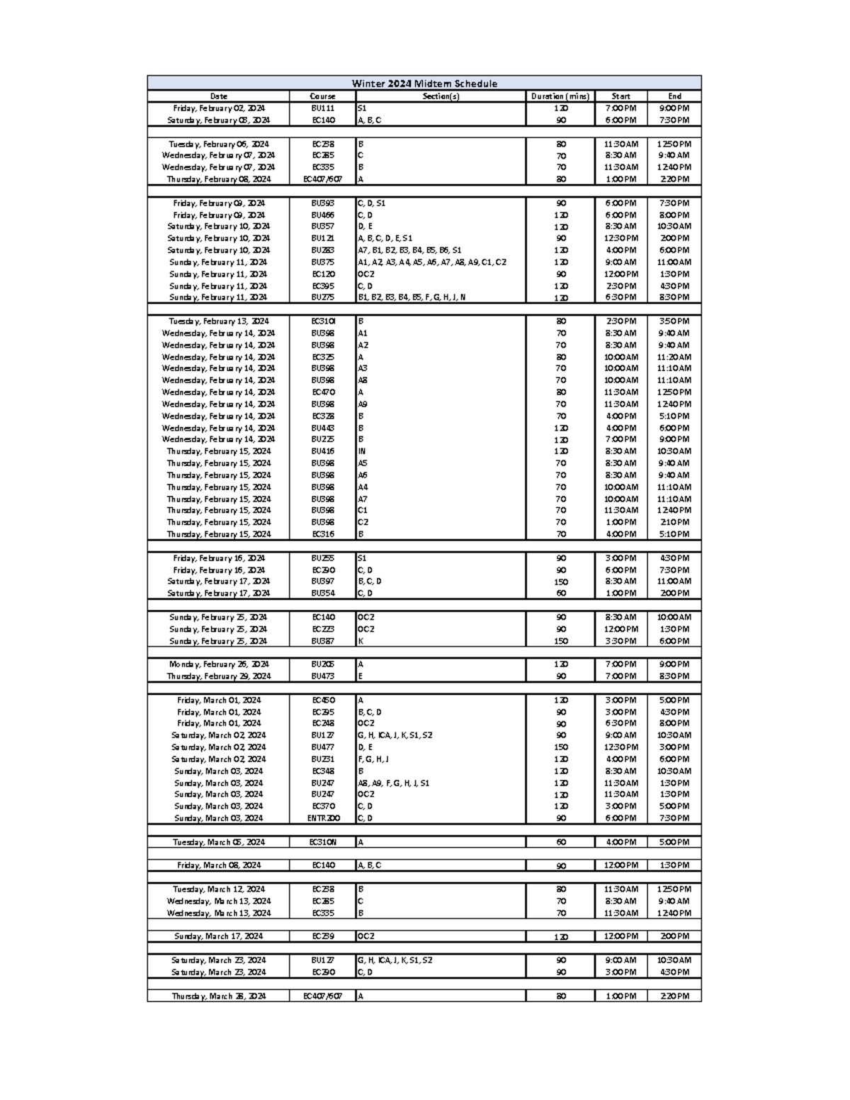 Winter 2024 midterm exam schedule for courses EC140, EC238, EC285, and ...