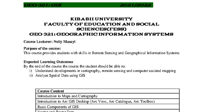 GEO 321: GIS Lecture Notes - Skills in Remote Sensing & Analysis - Studocu