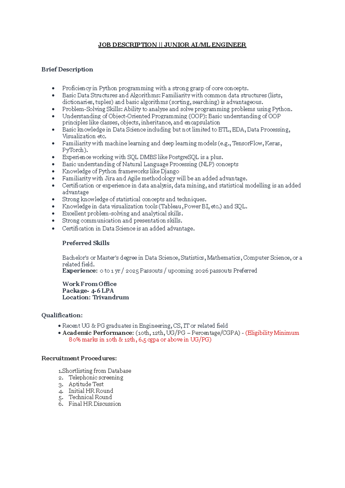 JD for Junior Engineer in AI/ML - Skills & Requirements - Studocu