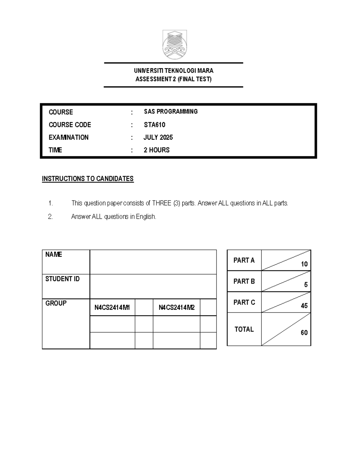 STA610 Sample Final Test - SAS Programming Assessment 2 - Studocu