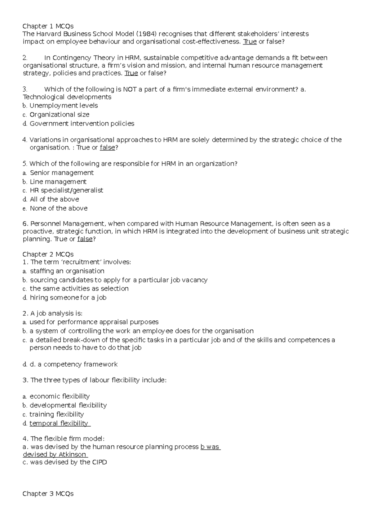 HRM mcq questions without ans - Chapter 1 MCQs The Harvard Business ...