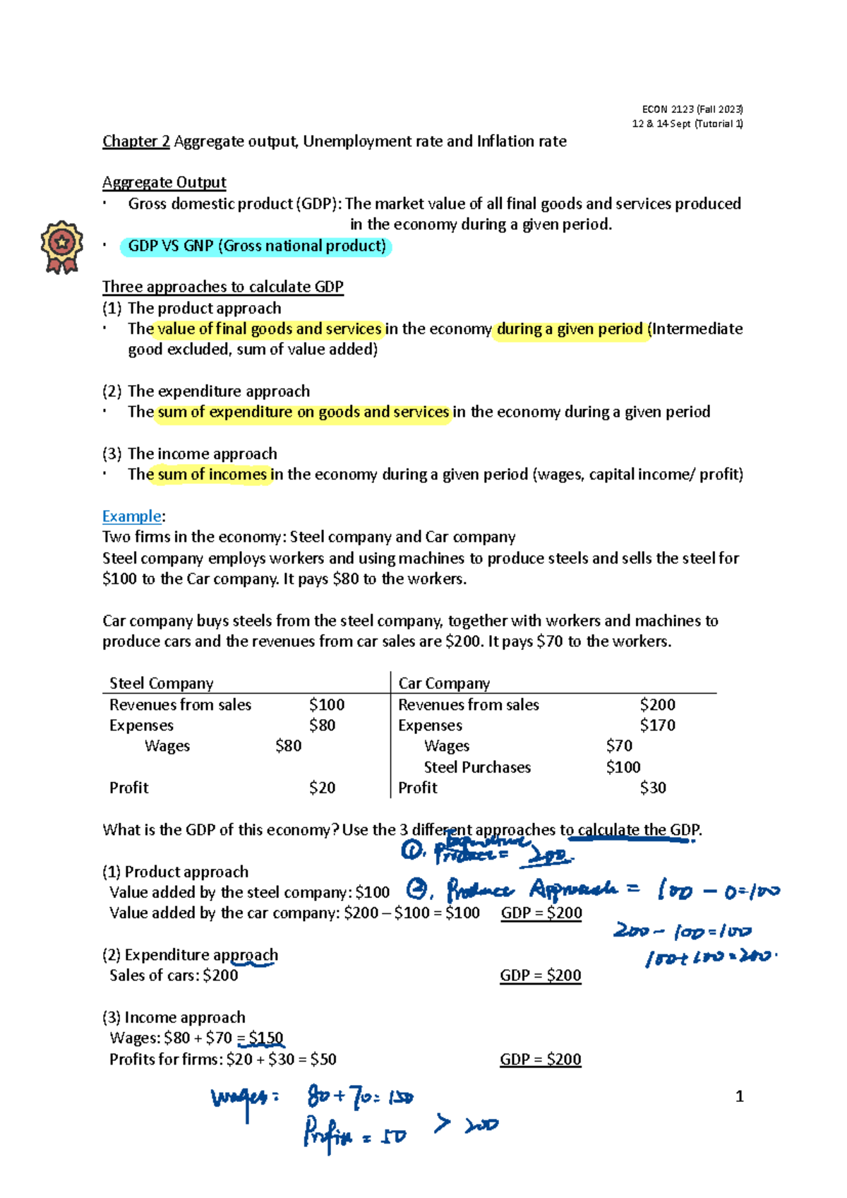 2123T1 fall2023 - Tutorial 1 Material (Practice + notes) - 1 ECON 2123 ...