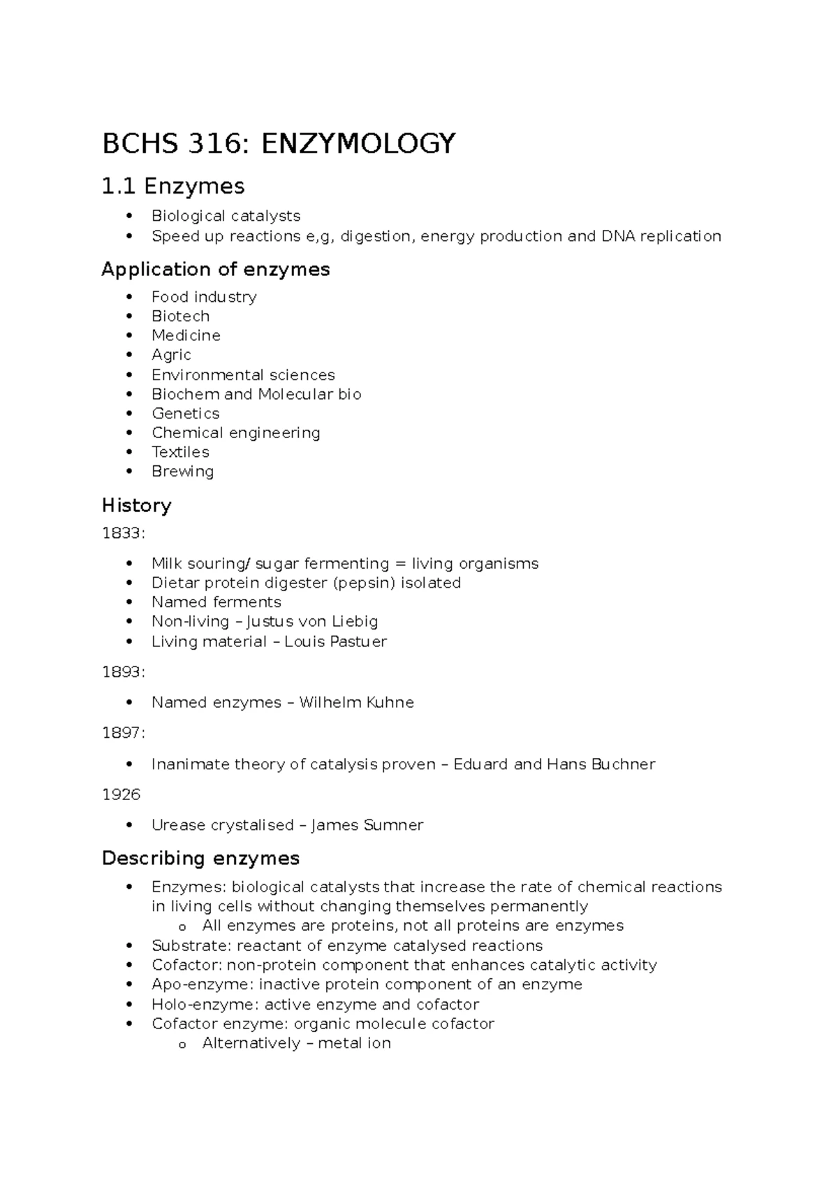 BCHS 316: Enzymology Study Unit 1 - Overview and Key Concepts - Studocu