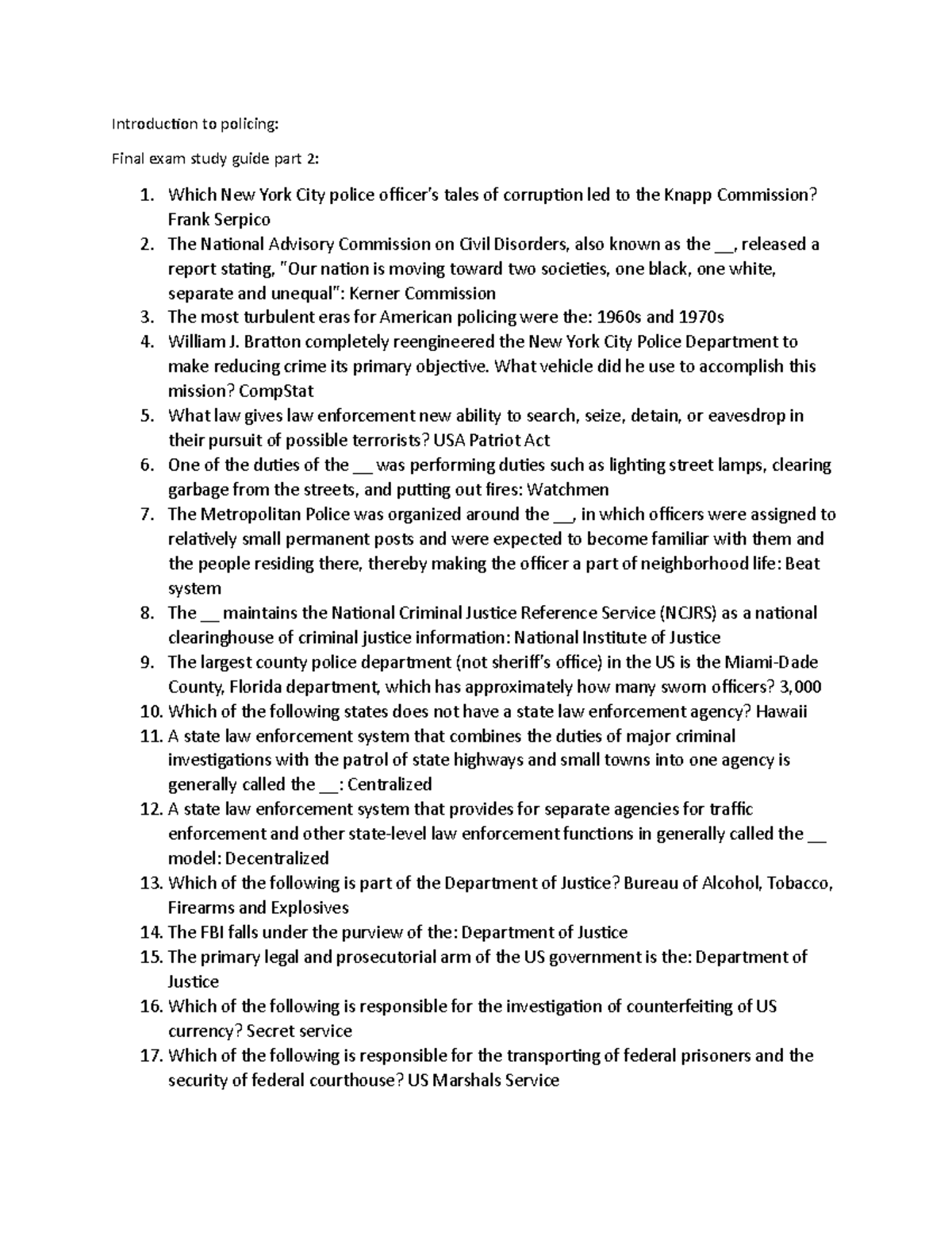 Intro to Policing (CJ101) Final Exam Study Guide Part 2 - Studocu
