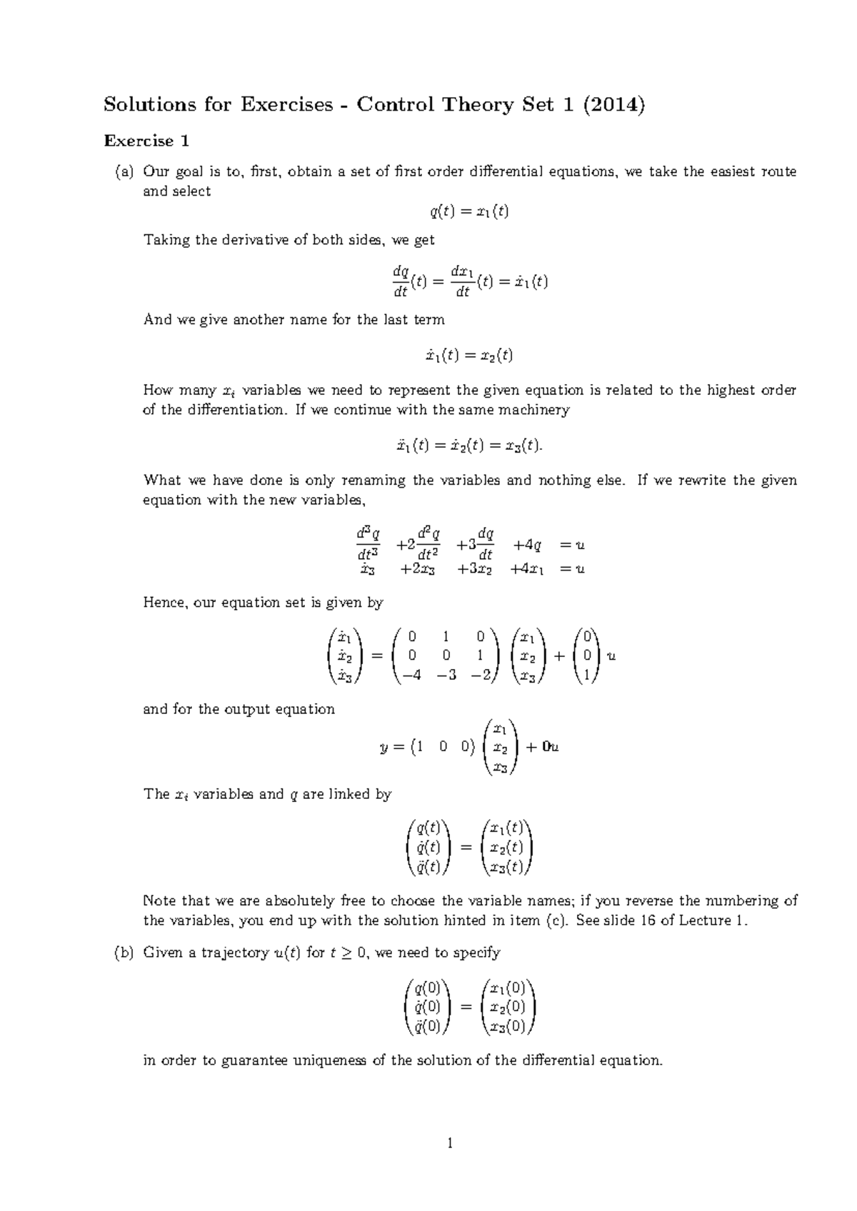 Control Theory Set 1 - Answers and Solutions (2014) - Studeersnel