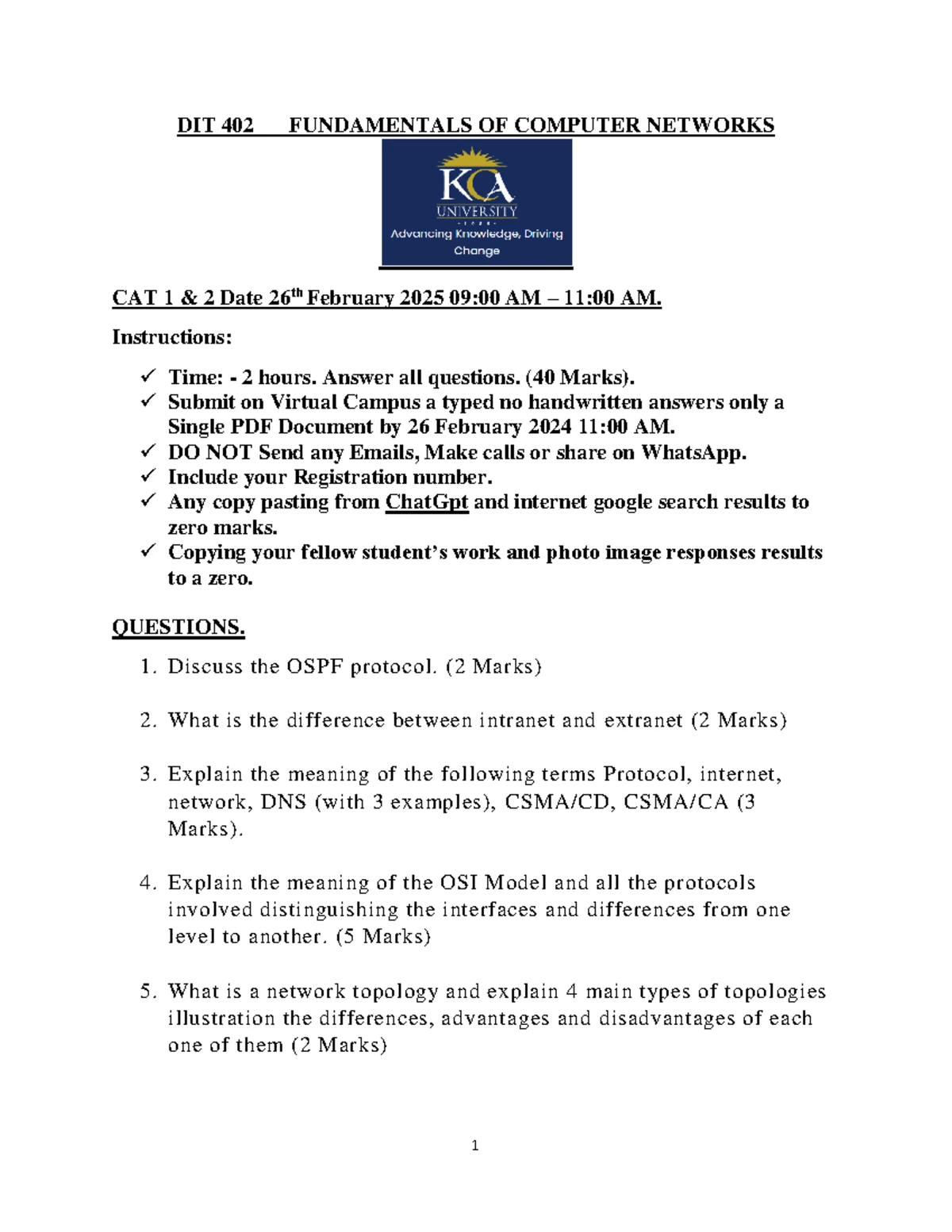 CAT 1 Open Book Exam - Week 1-5 Questions & Guidelines - Studocu