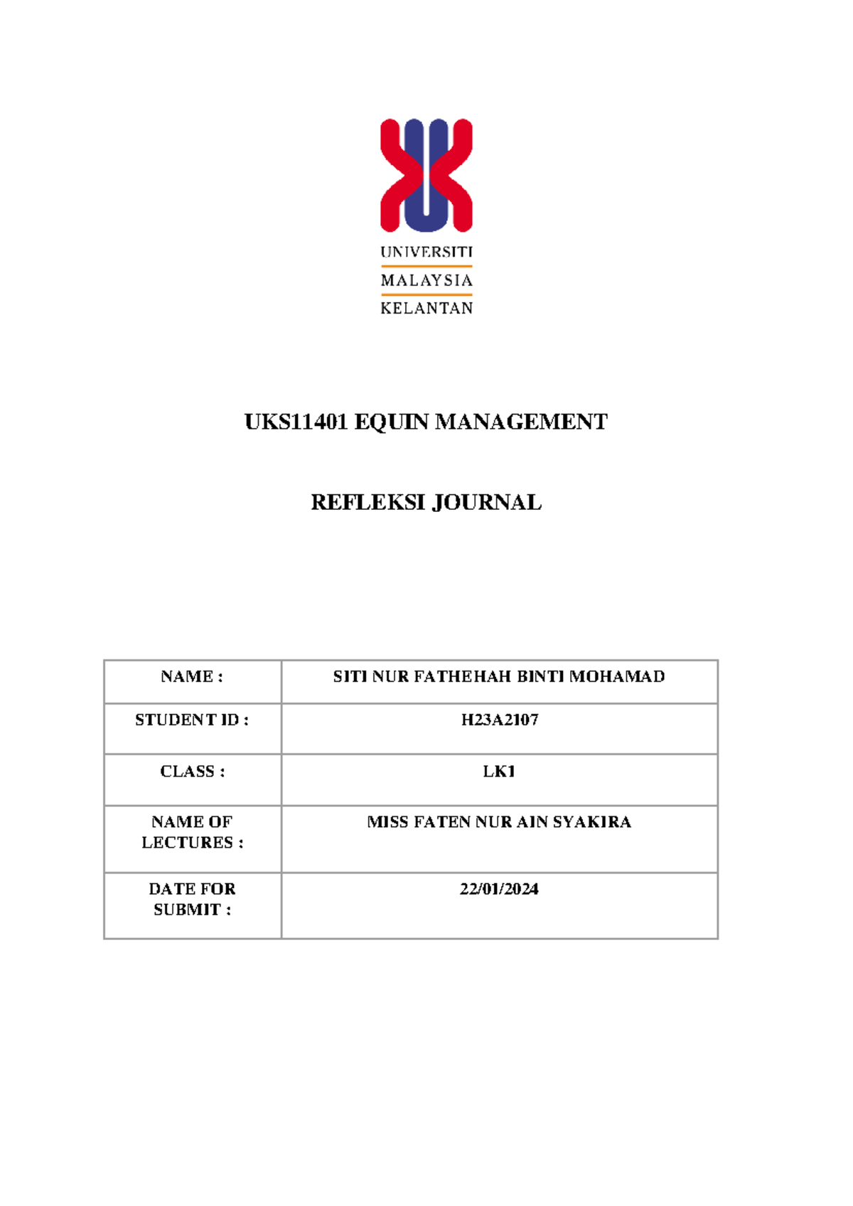 UKS11401 Final Reflections on Equine Management Lessons - Studocu