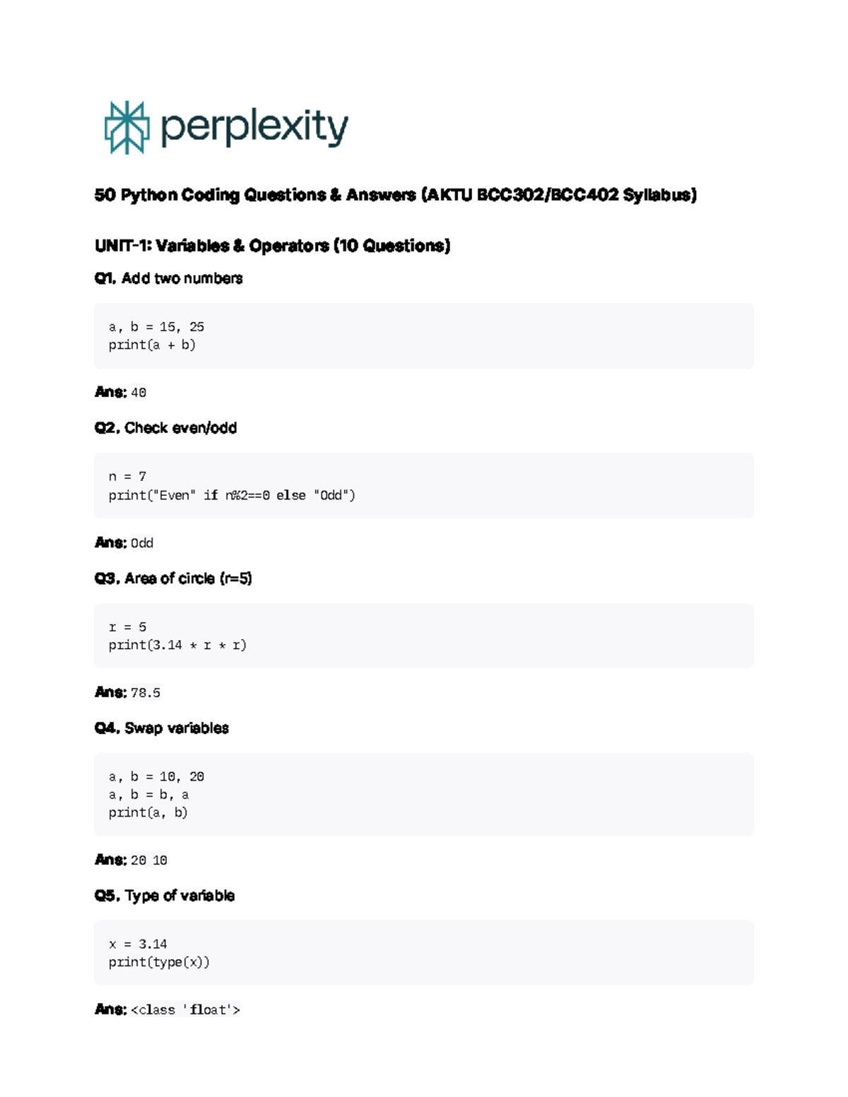 50 Python Coding Qs & As for AKTU BCC30: Variables to File Ops - Studocu