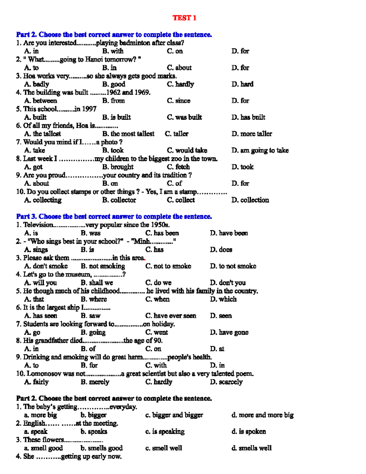TEST 1 - English Grammar Multiple Choice Questions - Studocu